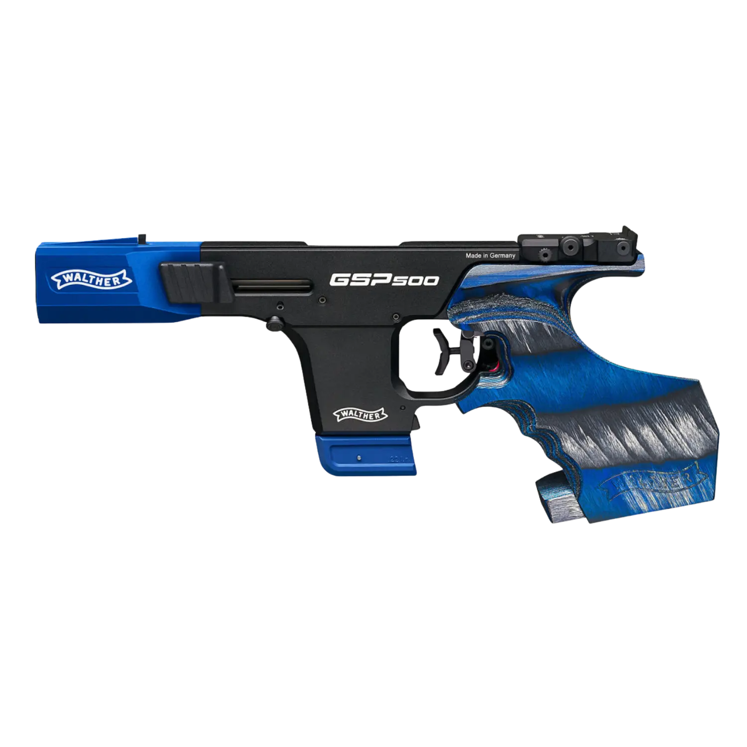 Seitenansicht der Walther GSP500 Sportpistole mit blau-schwarzem Griff und schwarzem Lauf