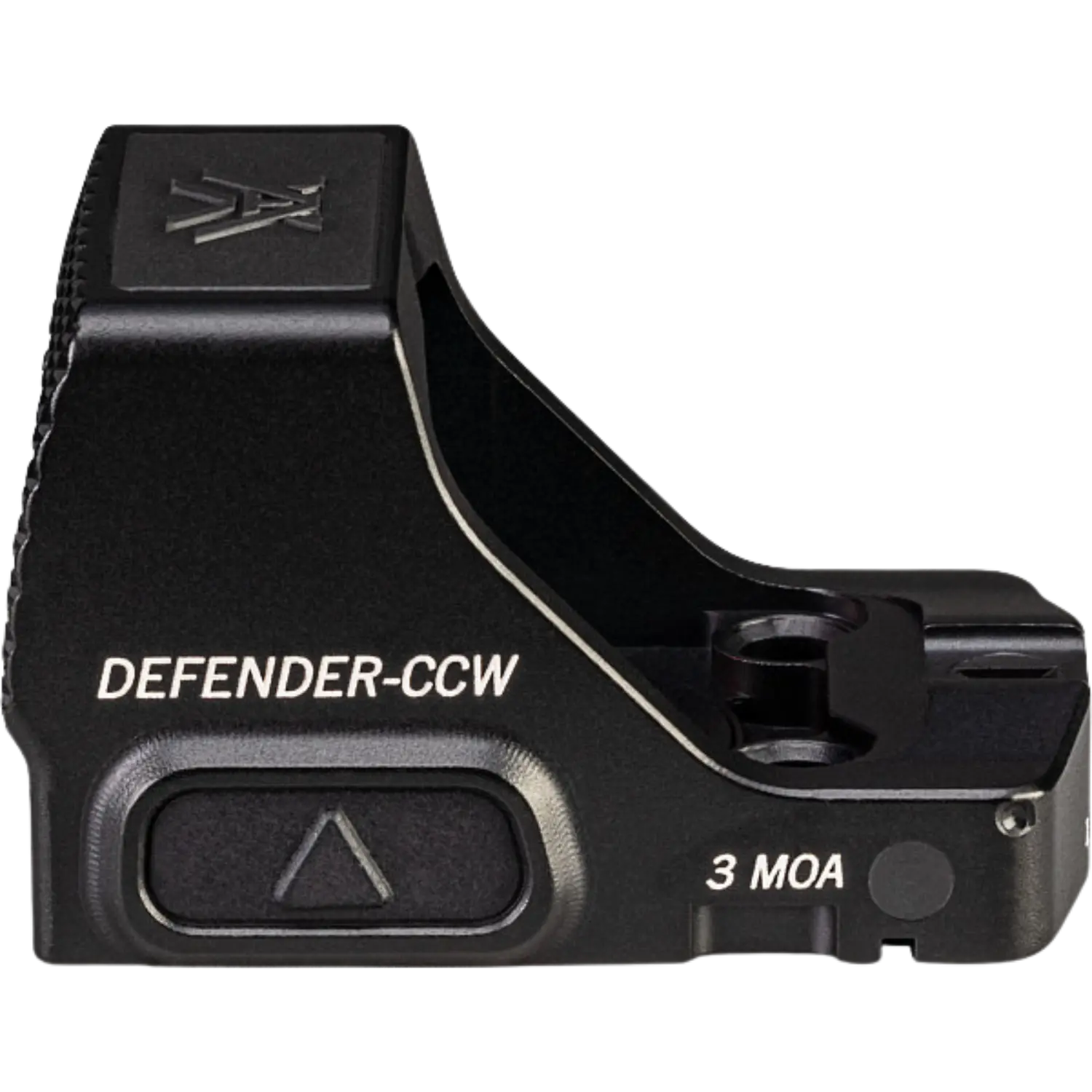Detailansicht des Vortex Defender CCW Red Dot 3 MOA mit Bedienelementen für präzise Zielerfassung. Beschriftung auf Gehäuse Defender-CCW und 3 MOA.