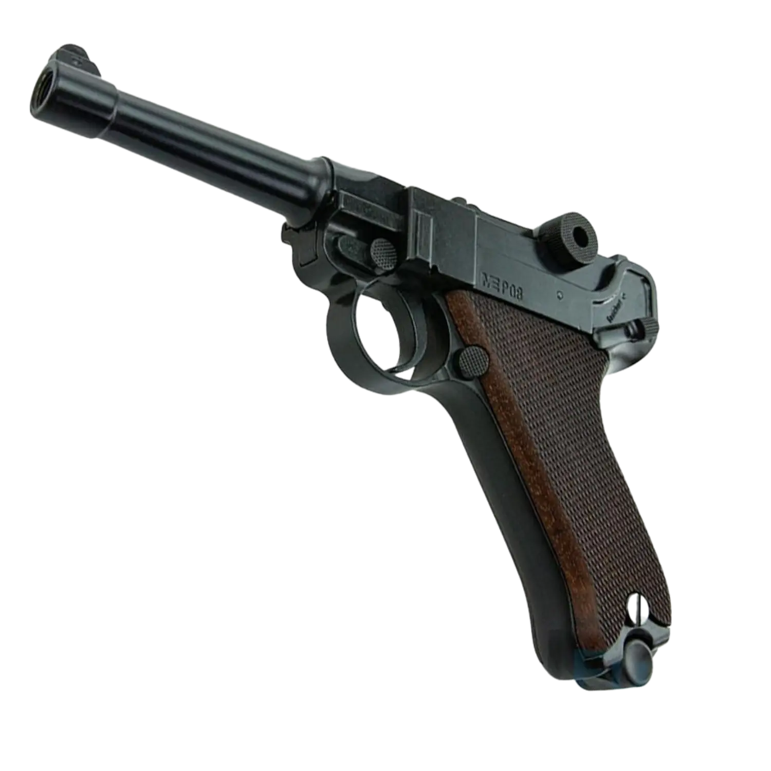 Nahaufnahme einer ME P08 Schreckschusswaffe mit einem Holzgriff