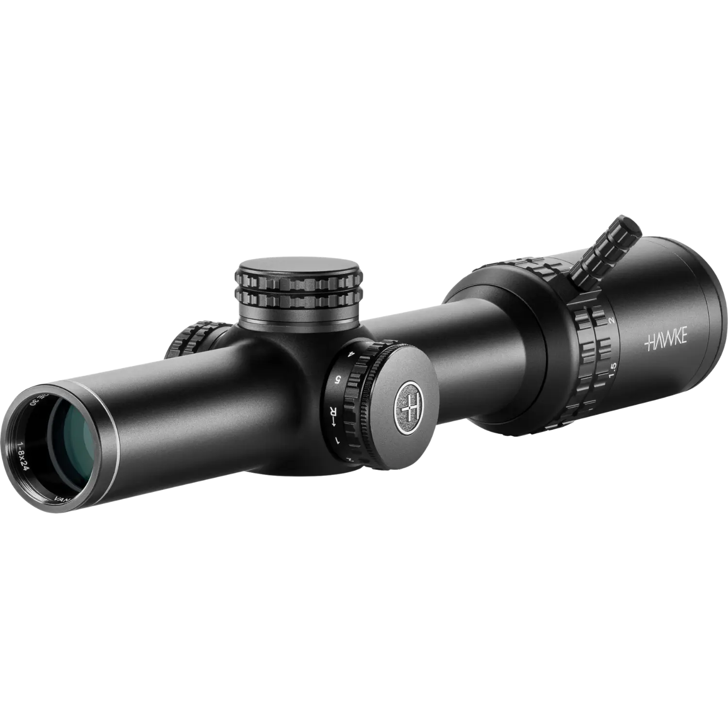 Schwarzes Zielfernrohr Hawke Vantage HD 1-8x24 mit Einstelltürmen und verstellbarem Okular