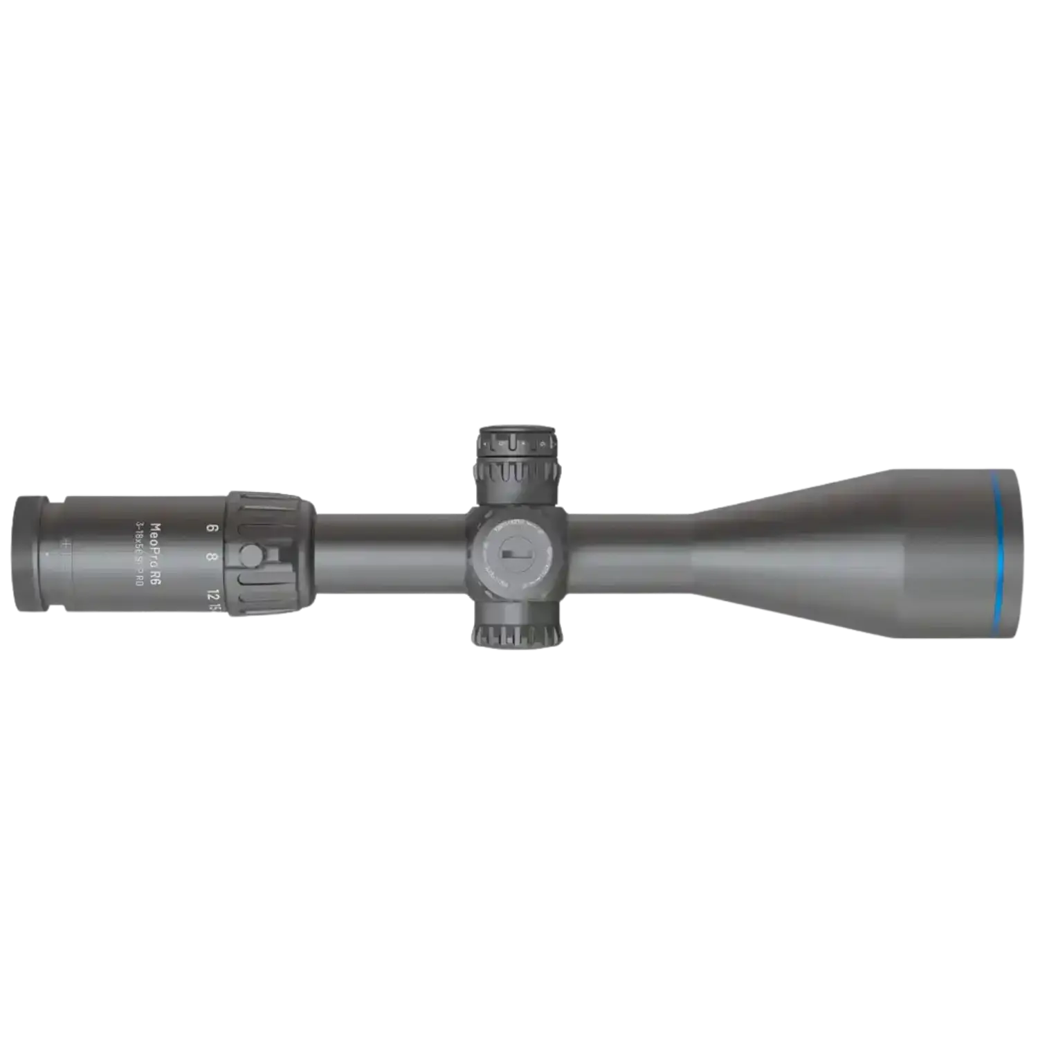 Seitenansicht eines Meopta Meopro R6 3-18x56 SFP RD Zielfernrohrs mit Verstellrädern und Vergrößerungsskala