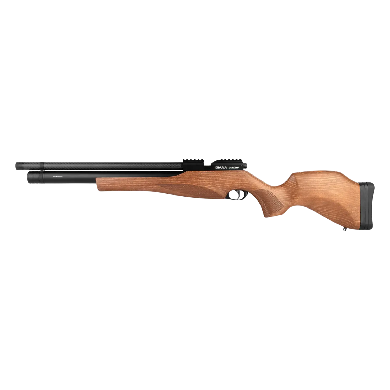 Diana Outlaw Gen2 Luftgewehr mit Holzschaft, ein schwarze Luftbehälter, rechteckiger Abzug, glatte Oberfläche.