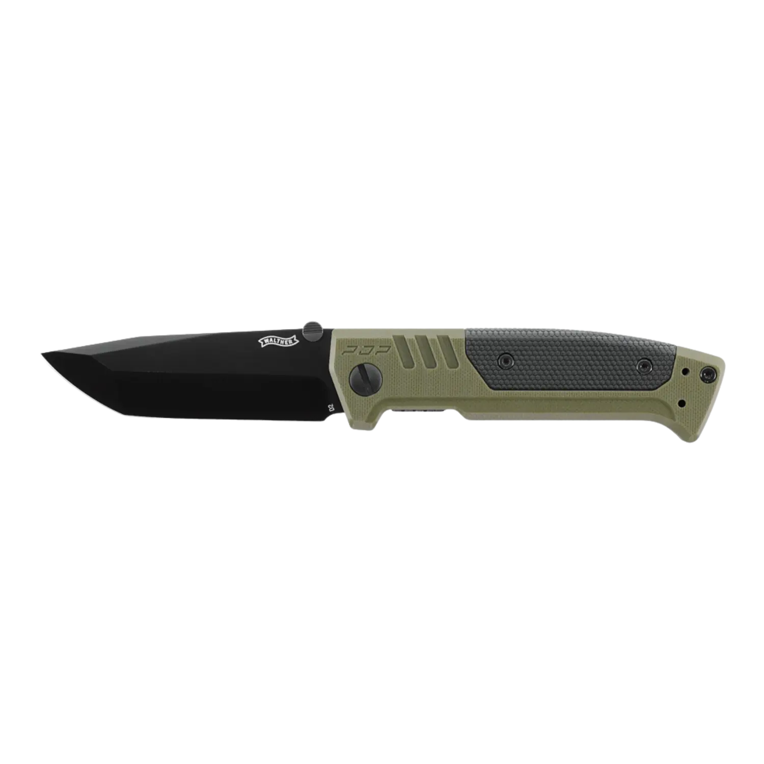 Walther PDP Folder Einhandmesser OD Green mit Tanto-Klinge Walther PDP Tanto-Messer mit schwarzer Klinge, ergonomischem Griff im OD Green und strukturiertem Griffbereich.