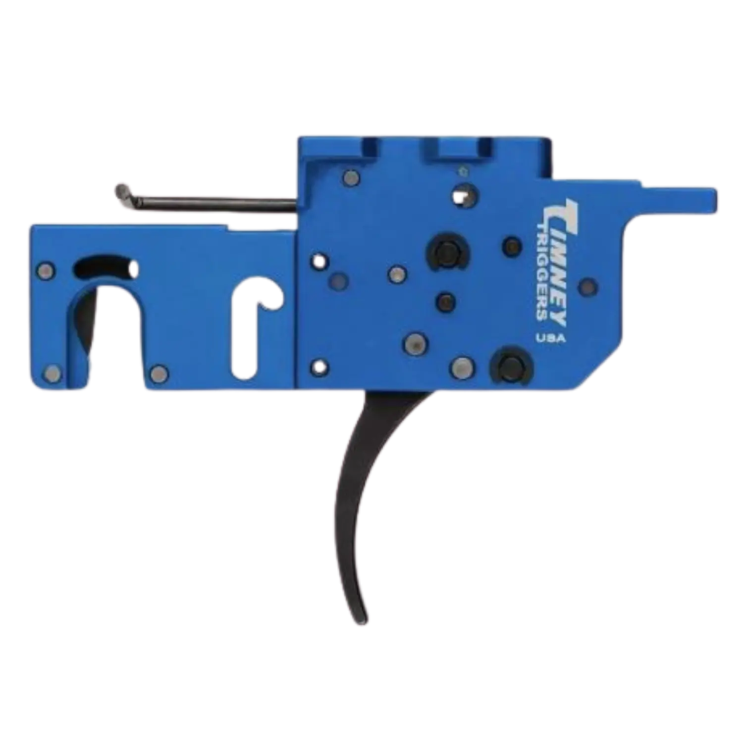 Blauer Timney Abzug mit gebogenem Abzugsbügel für Ruger Precision mit sichtbaren Schrauben und weißer Aufschrift
