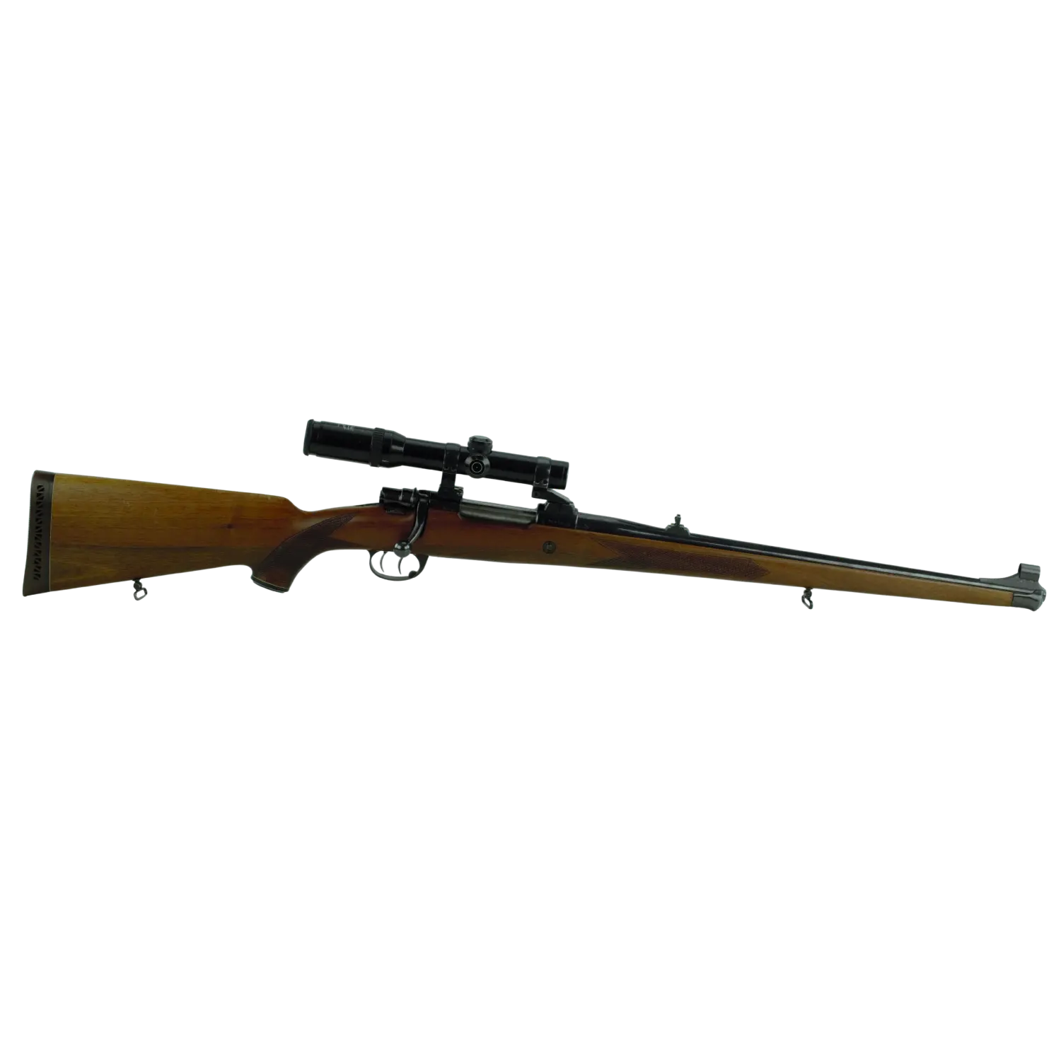 Stutzen Hubertus 7x64 + Schmidt & Bender 1 1/4-4x20 #guter Zustand und Top in Schuss! Repetierbüchse Hubertus mit Holzschaft, montiertem Zielfernrohr und Metalllauf, nahe Seitenansicht