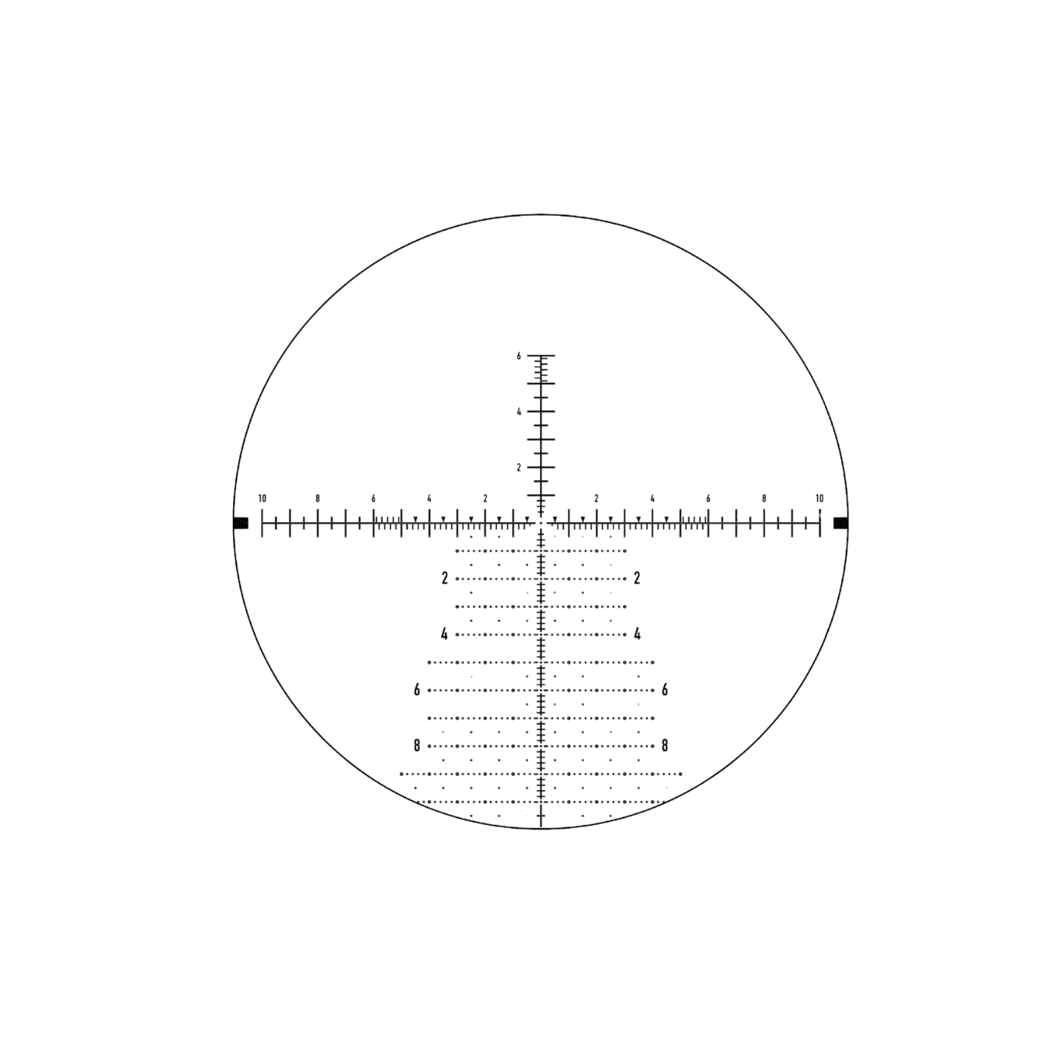 Absehen mit einem runden Fadenkreuz, das vertikale und horizontale Linien sowie Zahlen von 1 bis 10 aufweist.