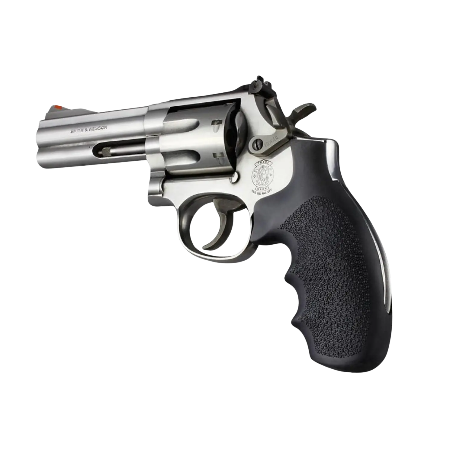 Revolver mit silbernem Lauf und schwarzer Griffschale mit strukturierter Oberfläche, Marke Smith & Wesson sichtbar.