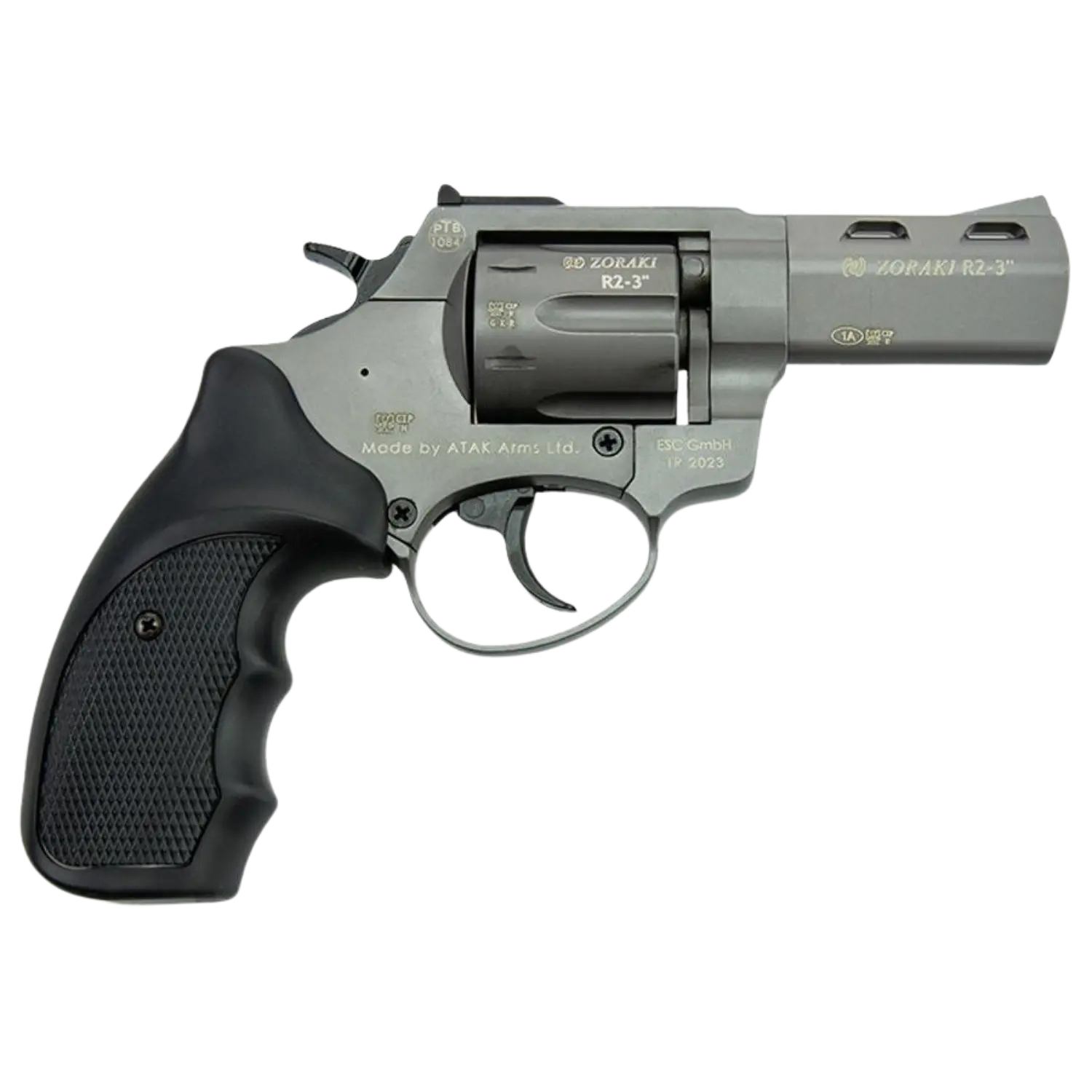 Schreckschuss Revolver Zoraki R2-3 mit 3-Zoll-Lauf, titanfarben, schwarzer Griff mit Struktur, sichtbare Markierungen und Herstellungsdetails