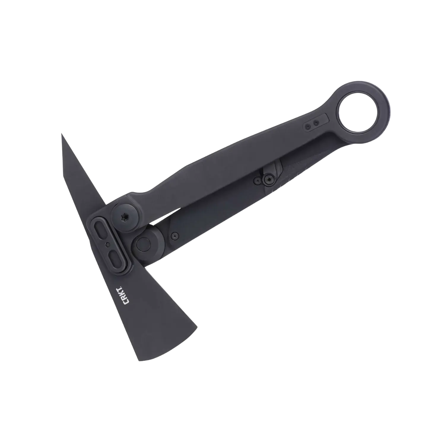 Klappbare Axt mit rundem Griffende und markanter Klinge, beschriftet mit 'CRKT'