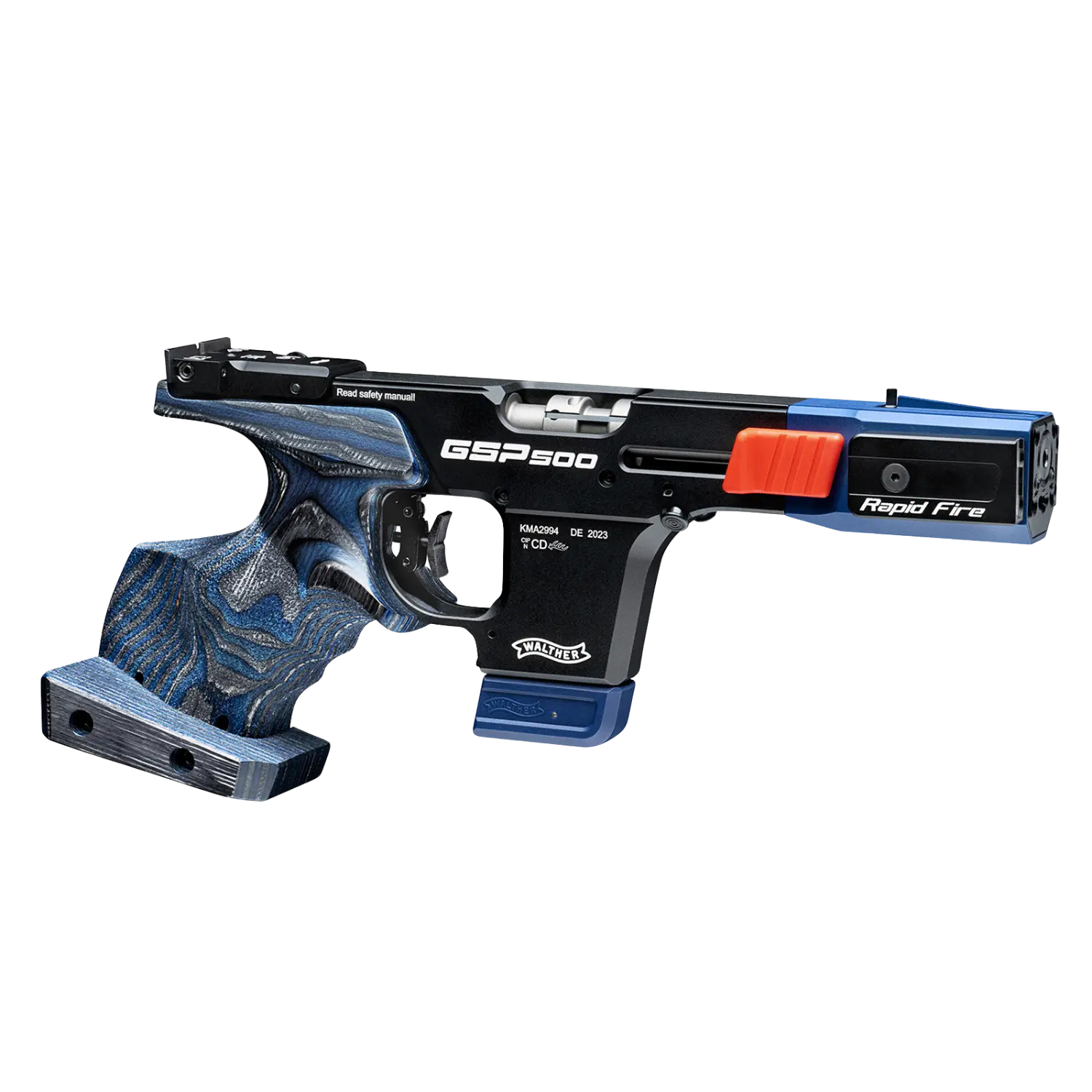 Walther GSP500 Rapid Fire Kaliber .22lr Walther GSP500 Rapid Fire, Sportpistole im Kaliber .22lr, mit blauem und schwarzem Griff, abgerundeter Form und rotem Abzug.