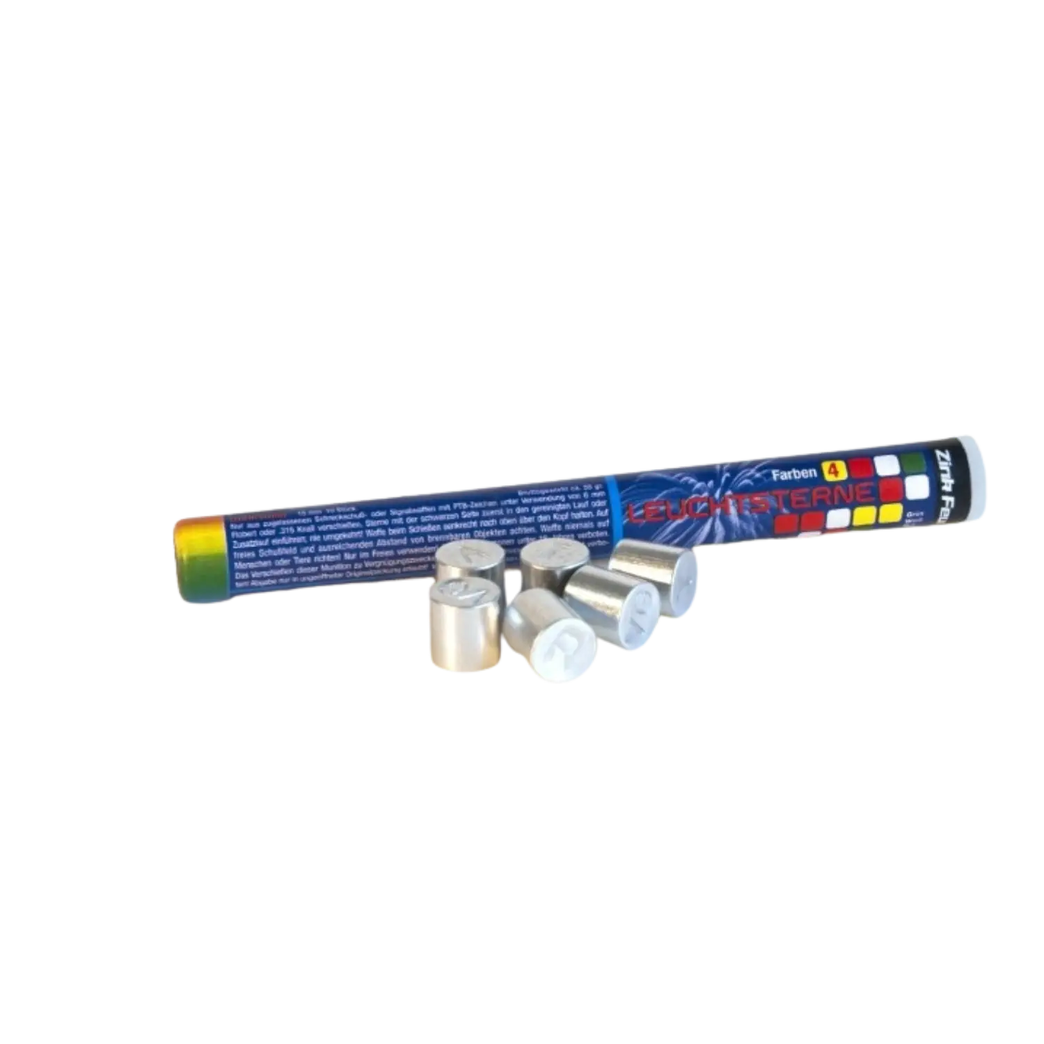 Sechs silberne Signalsterne aus Zink liegen neben einer bunten Verpackung mit dem Text 'Zink Signalsterne bunt'. Die Verpackung hat einen farbigen Rand.