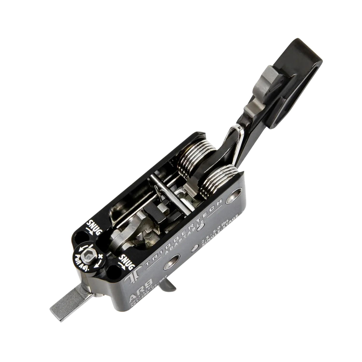 Schwarzer TriggerTech AR-9 Single-Stage Abzug mit gebogenem Hebel und sichtbaren Federn und Einstellschrauben