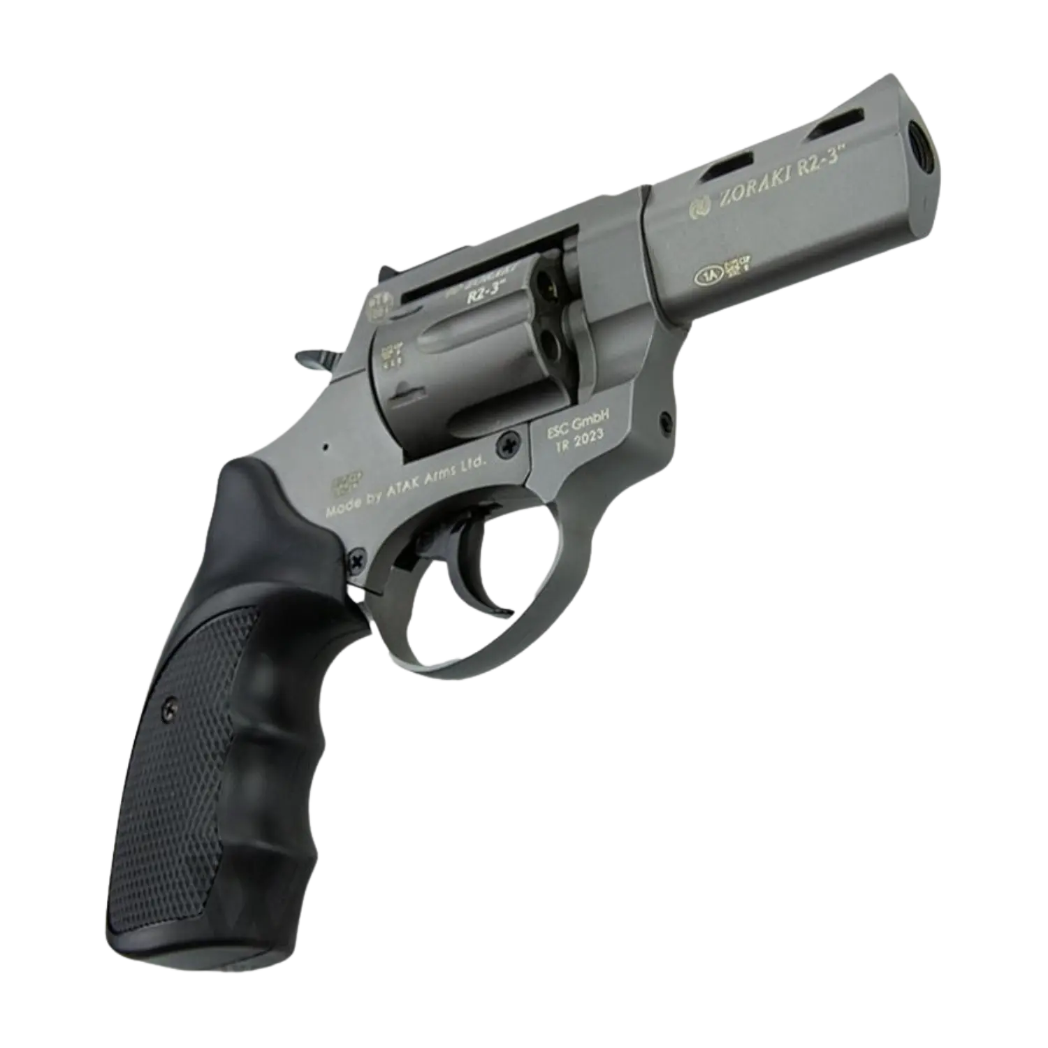 Schreckschussrevolver Zoraki R2 Titan, 3 Zoll, grau mit schwarzem Griff, seitliche Ansicht, sichtbar sind die Markierungen 'Zoraki R2-3' und 'ESC GmbH'.
