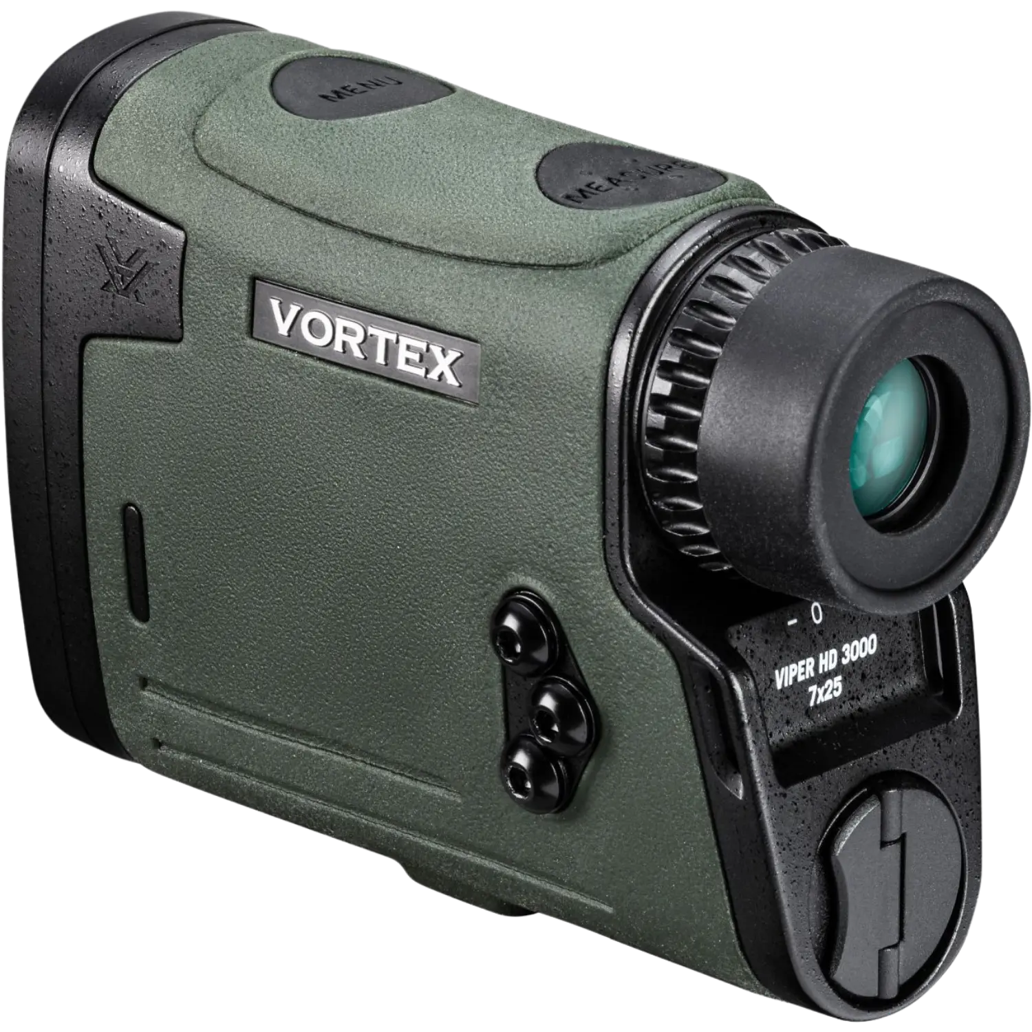 Vortex Viper HD 3000 Laser Entfernungsmesser mit robustem grünem Gehäuse zur Entfernungsmessung bis 2800 Meter. Schritzug Vortex auf Geähuse sichtbar. 