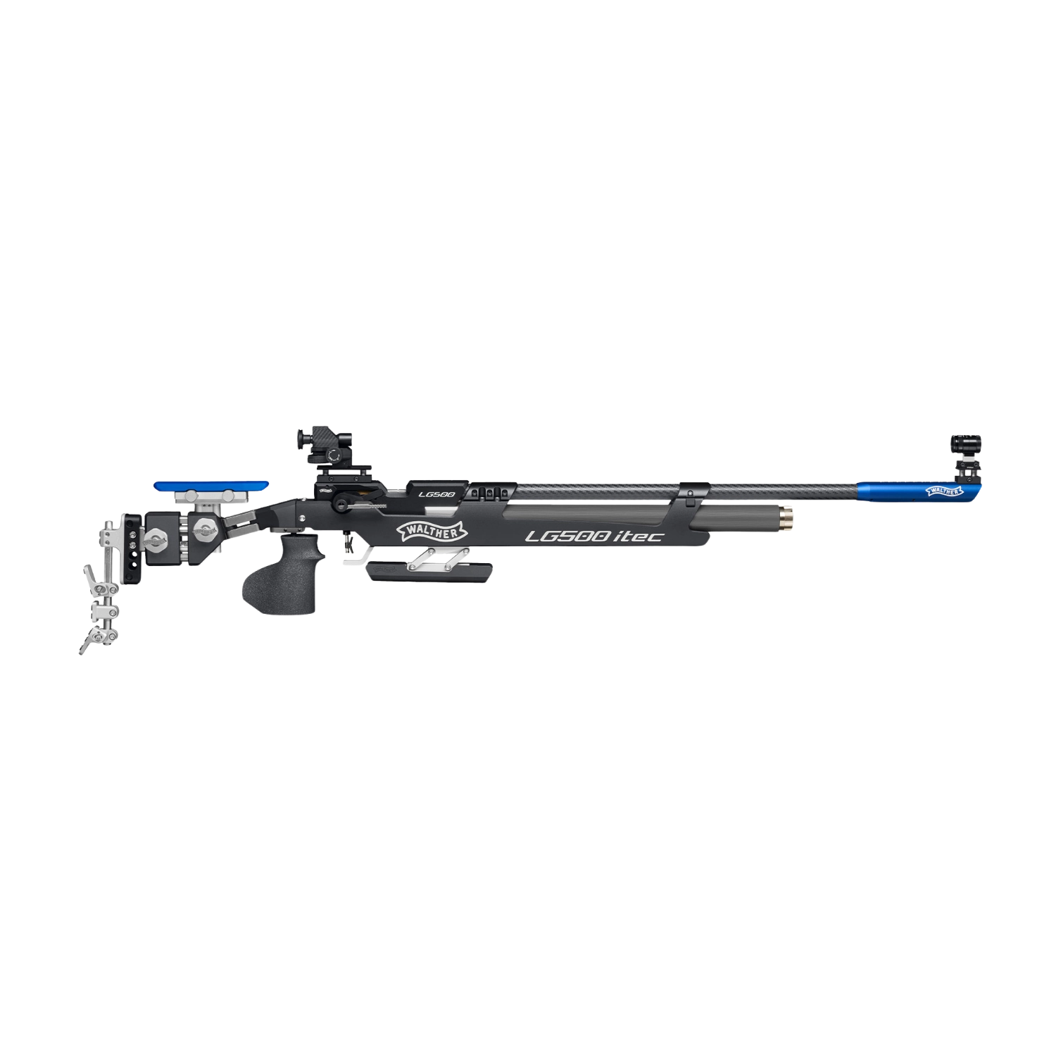 Modernes Luftgewehr in Blau Silber und schwarzer Ausführung für den Schießsport Walther LG500 itec