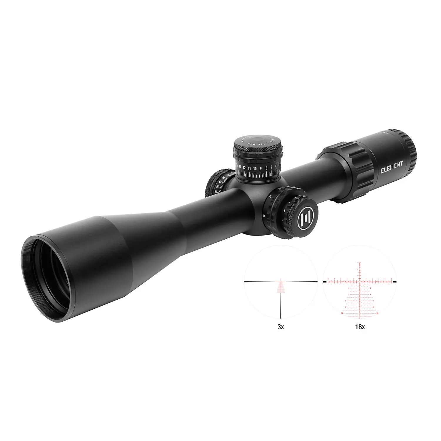 Schwarzes Zielfernrohr Element Optics Titan 3-18x50 APR-2D FFP mit drei Einstellrädern und zwei Vergrößerungsansichten des Absehens bei 3x und 18x