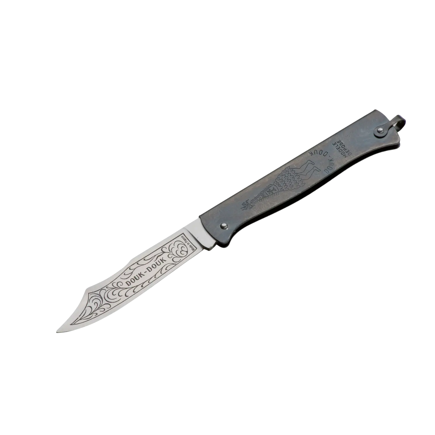 Klappmesser mit verzierter Klinge und Gravur 'DOUK DOUK', Griff mit Fischmotiv und Gravuren