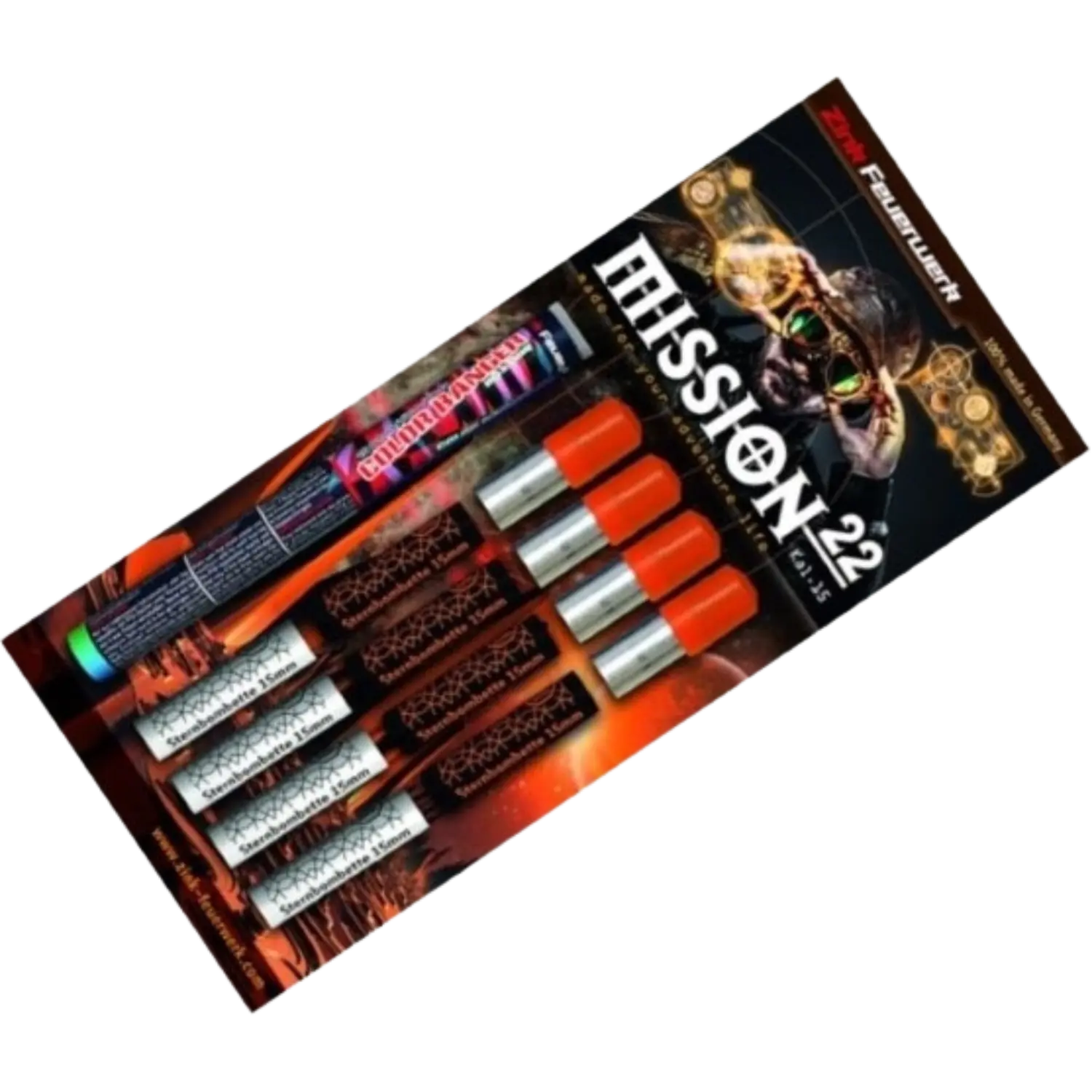 Verpackung mit vier Feuerwerkskörpern mit orangen Kappen und einem länglichen Feuerwerksartikel, beschriftet mit 'MISSION 22'.