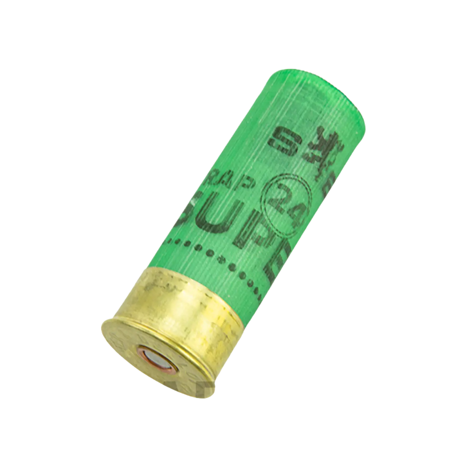 Grüne Schrotmunition mit goldfarbenem Boden und schwarzer Aufschrift, zylindrische Form.