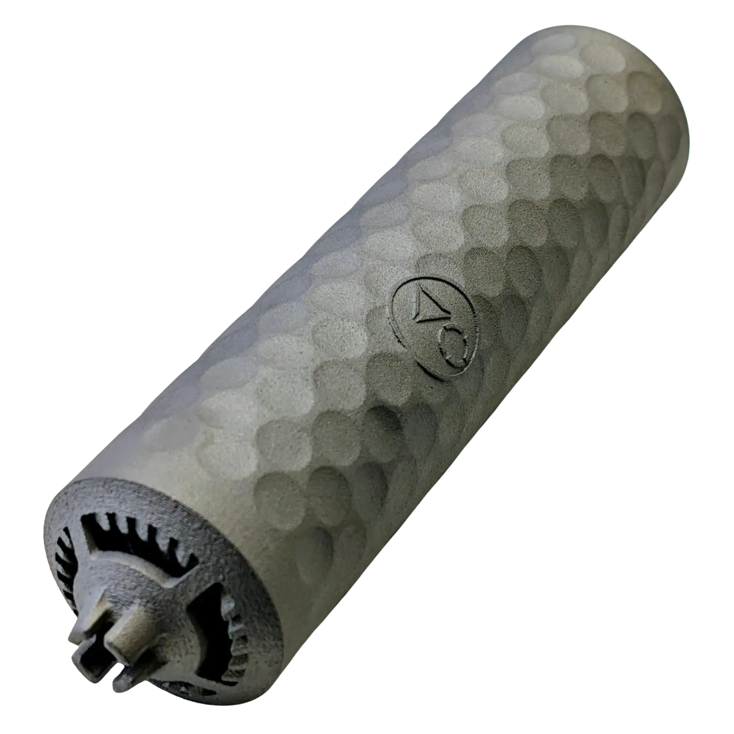 Silberner Schalldämpfer mit Oberlandarms Logo diagonal liegend