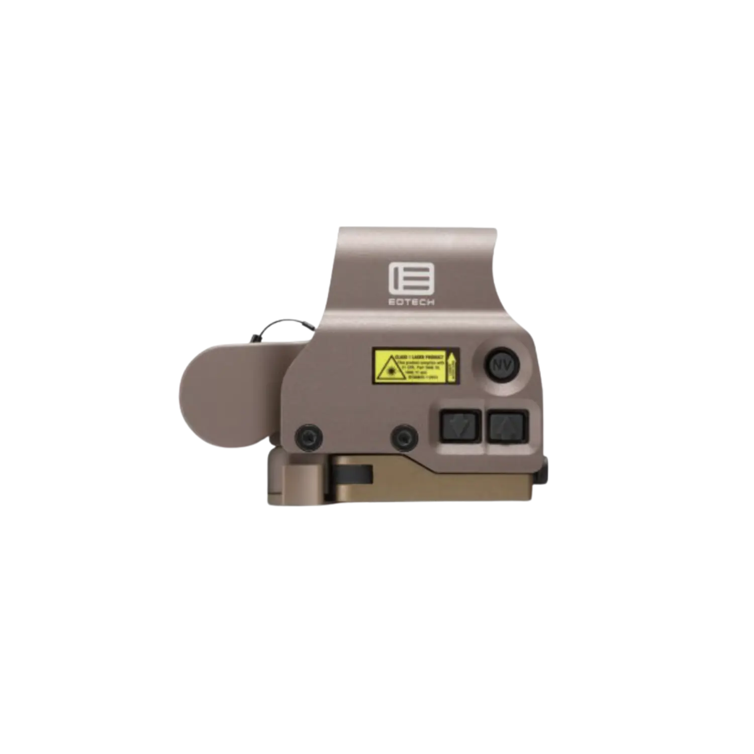 Tanfarbiges Eotech EXPS3-2 Reflexvisier mit zwei rechteckigen Tasten, einem runden Knopf mit 'NV'-Beschriftung und gelbem Warnaufkleber.