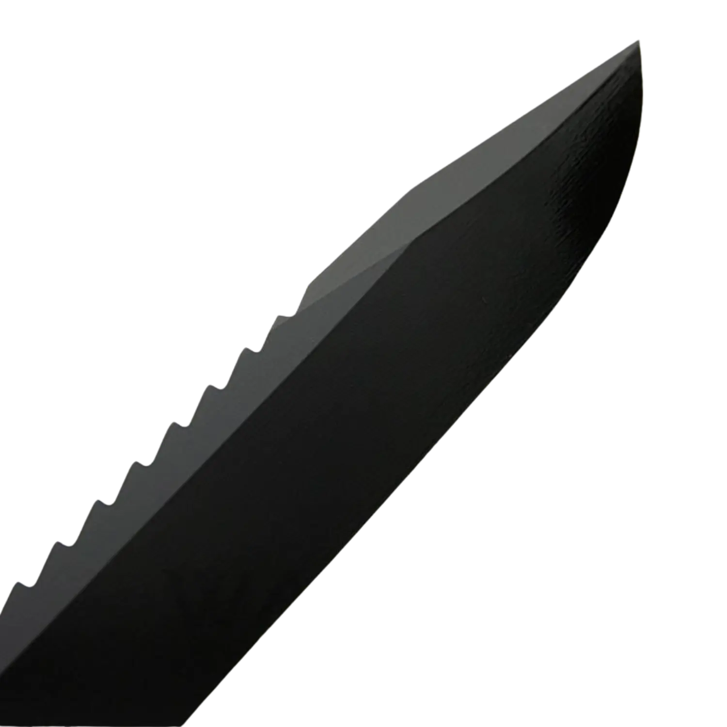 Schwarzes Glockfeldmesser mit einer gezahnten Klinge, die an der Spitze spitz zuläuft.