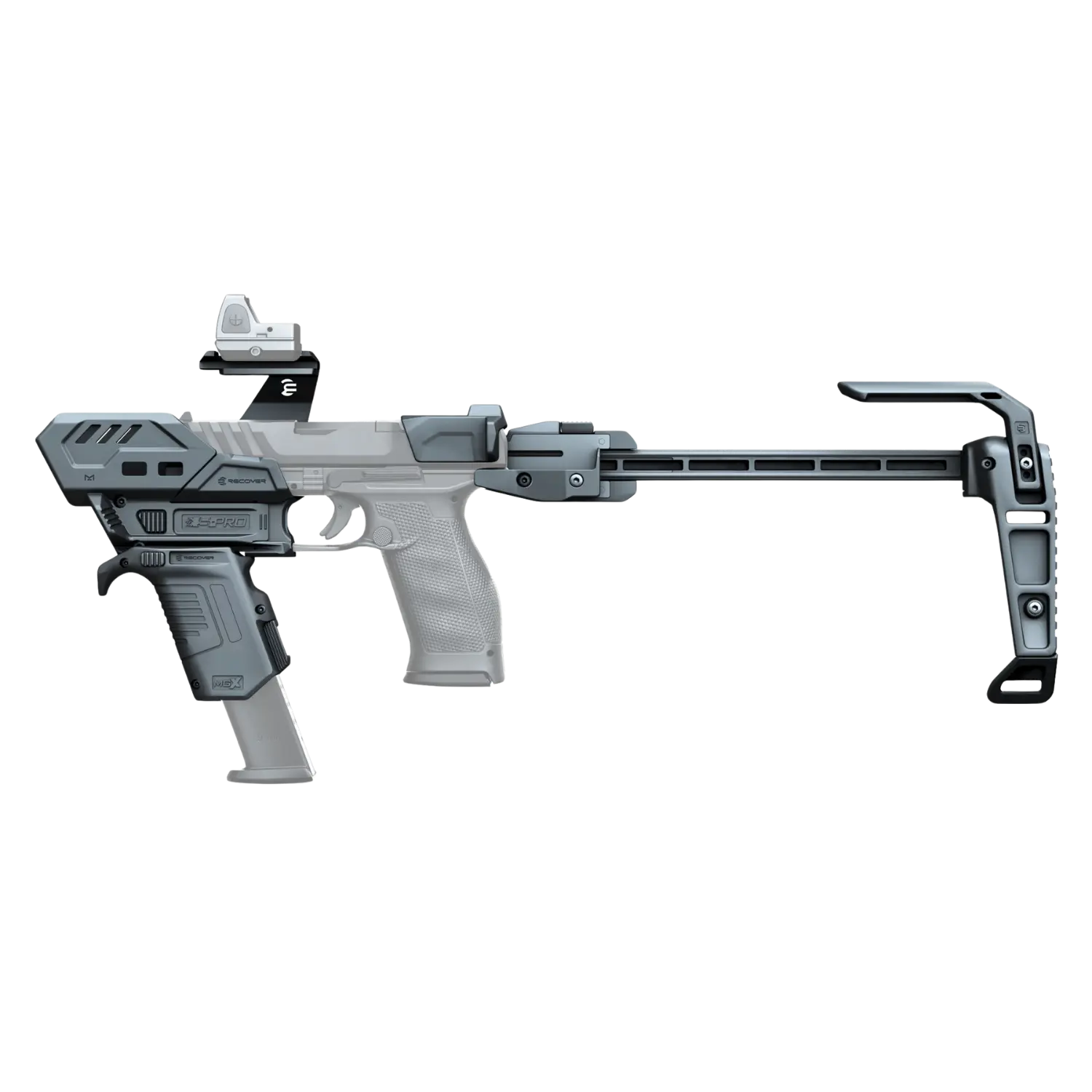 Recover Tactical S-PRO Compact Stabilizer in schwarz montiert an Walther PDP mit rotem Punktvisier und verstellbarem Schaft.