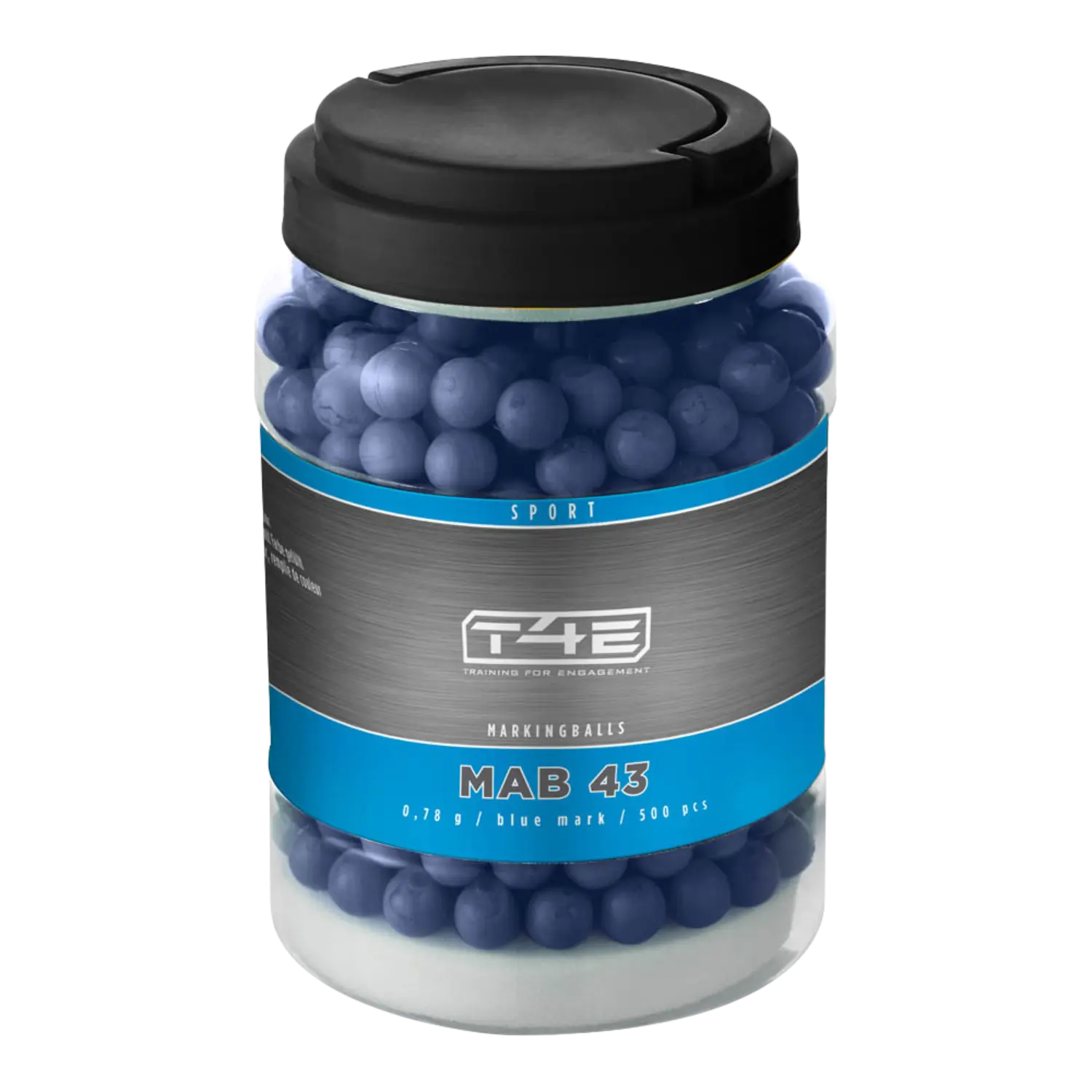 Marking Balls für RAM-Waffen Kaliber 43. In einem Schraubglas mit blau schwarzer Banderole.