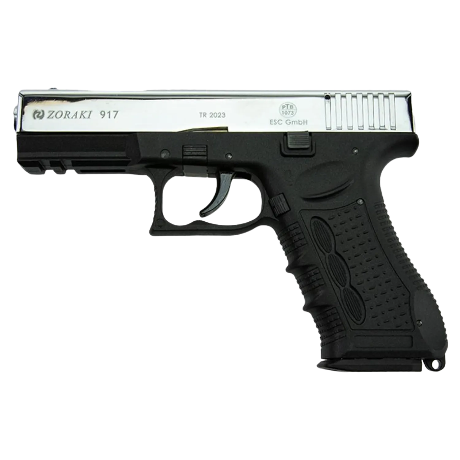 Zoraki 917 Schreckschusswaffe 9mm chrom Zoraki 917 Chrom, eine schwarze und silberne Gaspistole mit einem glatten Griff und einem abgerundeten Ende. Sichtbar sind die Aufschriften ZORAKI 917, TR 2023 und ESC GmbH