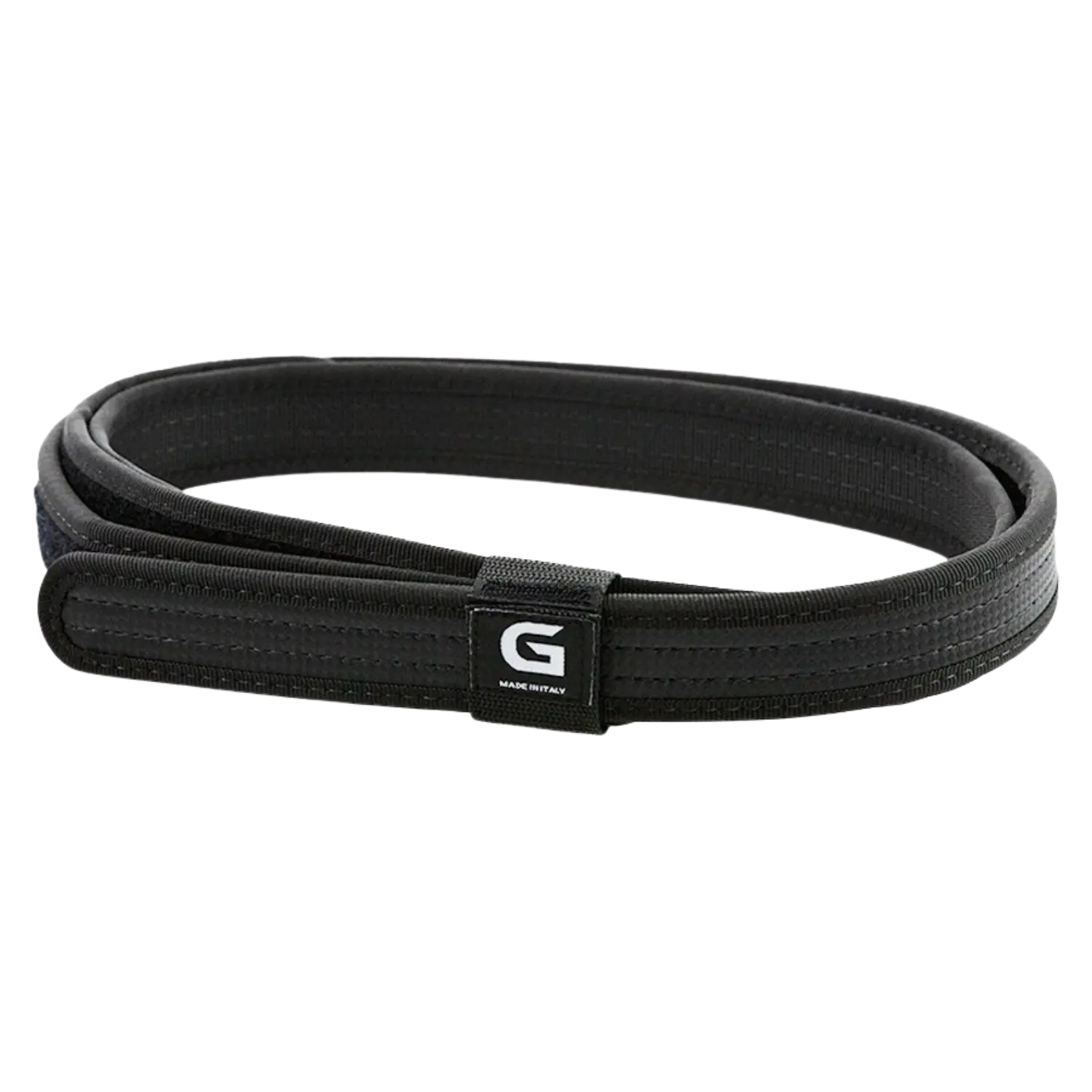Amadini Schießgürtel 90cm Schwarzer Schießgürtel mit gestepptem Muster und kleinem Etikett mit weißem 'G' und Schriftzug 'Made in Italy'