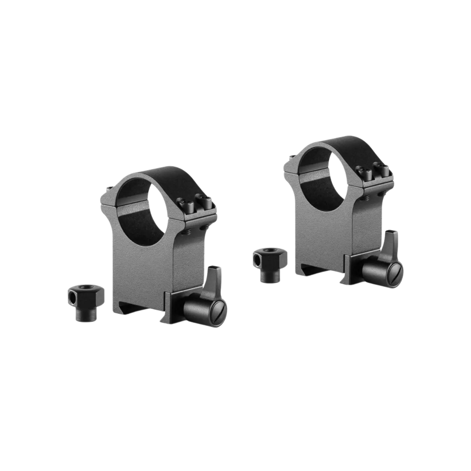 Zwei schwarze Ringmontagen aus Präzisionsstahl, mit Halterungen und Schrauben, für Zielfernrohre.