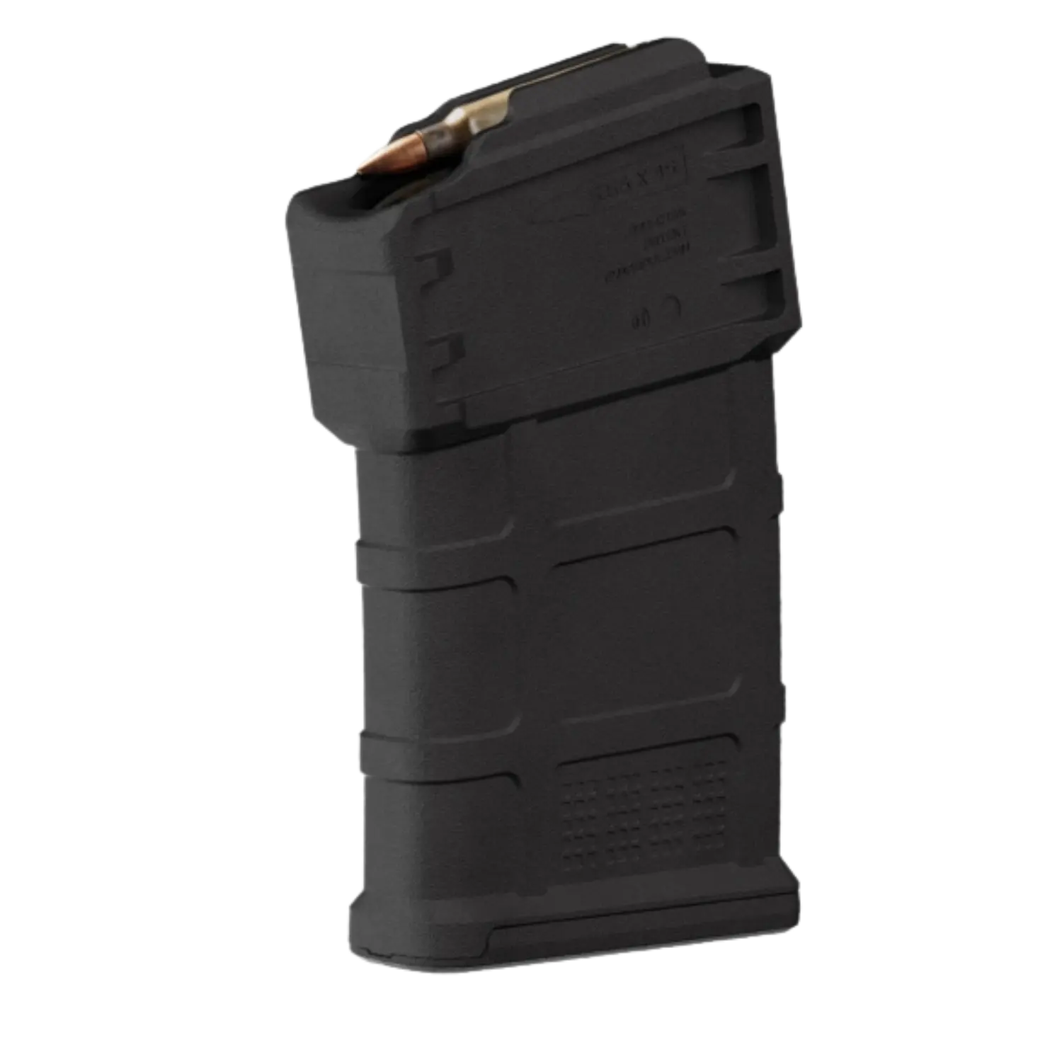 MAGPUL PMAG 10 5.56 AC 5.56X45 AICS Short Action Magazin schwarz Schwarzes Magpul PMAG 10 5.56 AC Magazin mit sichtbarer 5,56x45-Munition, rechteckig mit geriffelten Flächen.