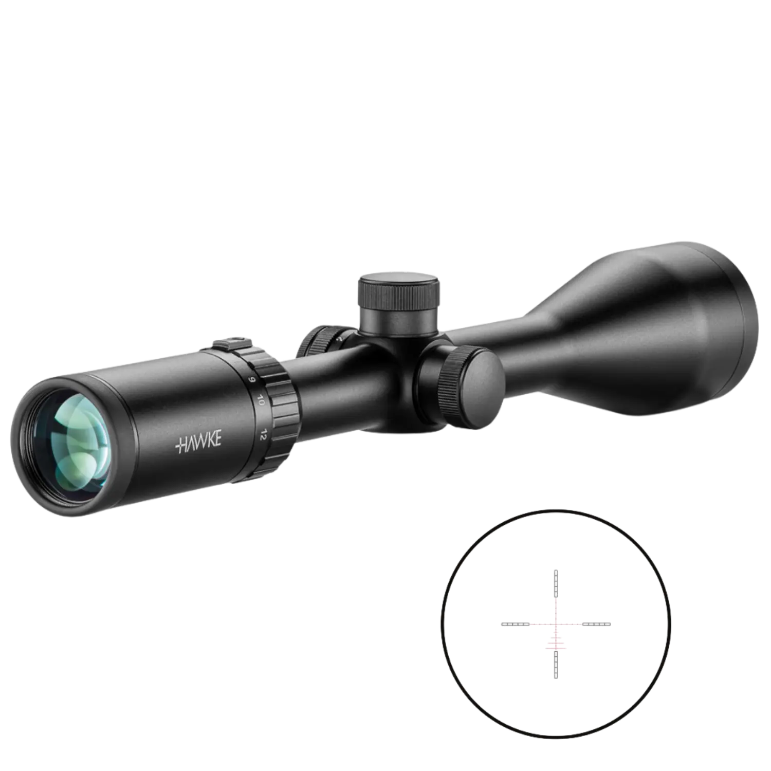 Schwarzes Zielfernrohr mit verstellbaren Einstellrädern und sichtbarem Markennamen 'HAWKE'.