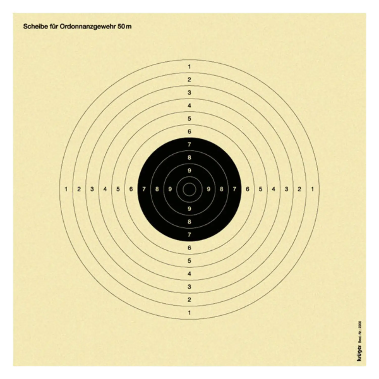 Zielscheibe für Ordonnanzgewehr, 50 Meter. Konzentrierte schwarze Ringe mit Zahlen von 1 bis 10, die die Trefferzonen darstellen.