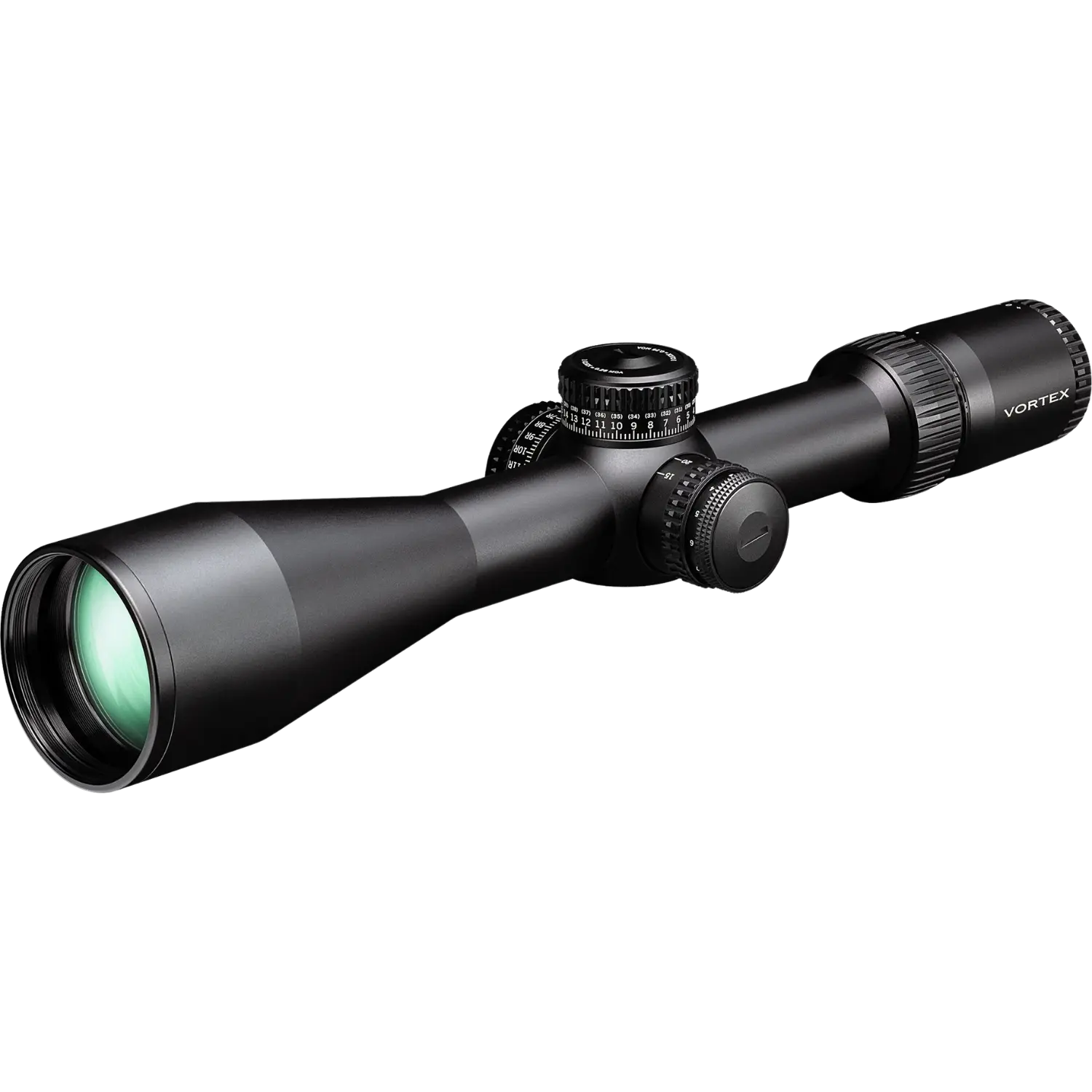 Vortex Strike Eagle Zielfernrohr 5-25x56 FFP EBR-7C MOA, schwarzes Gehäuse, länglich mit einem großen Objektiv und mehreren Einstellrädern.