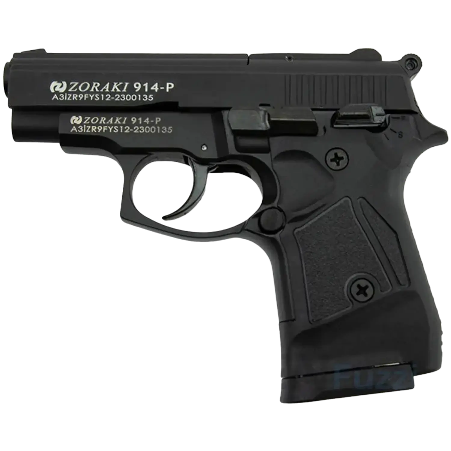 Zoraki 914-P Schreckschusswaffe 9mm PAK schwarz Zoraki 914-P, schwarze Pistole, kompakte Bauform, mit abgerundeten Kanten und einem Griff mit strukturiertem Muster. Sichtbare Beschriftung: 'ZORAKI 914-P A3IZR9YFS12-2300135'.