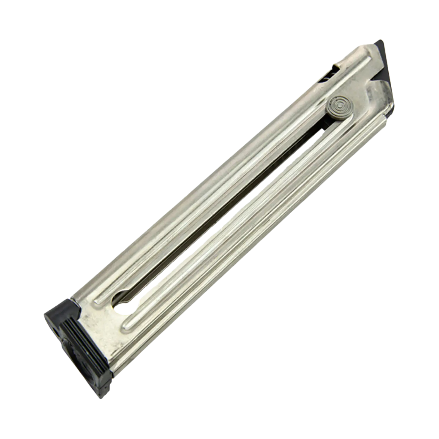 Ruger Mark 10-Schuss-Magazin, silberne Metallkonstruktion mit schwarzem Kunststoffboden und seitlichen Rillen.