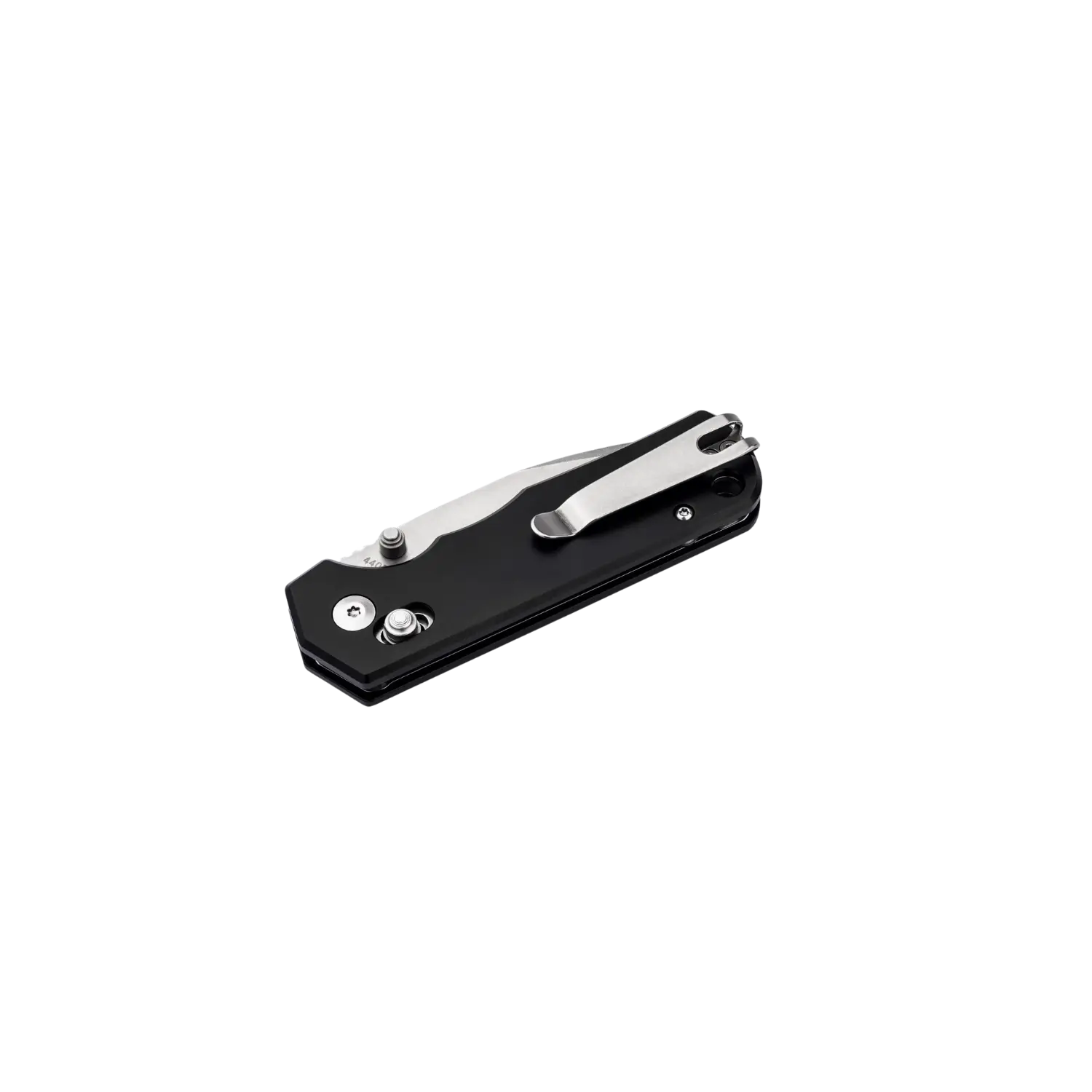 Taschenmesser in Schwarz und Silber, ausgestattet mit einem praktischen Metallclip.