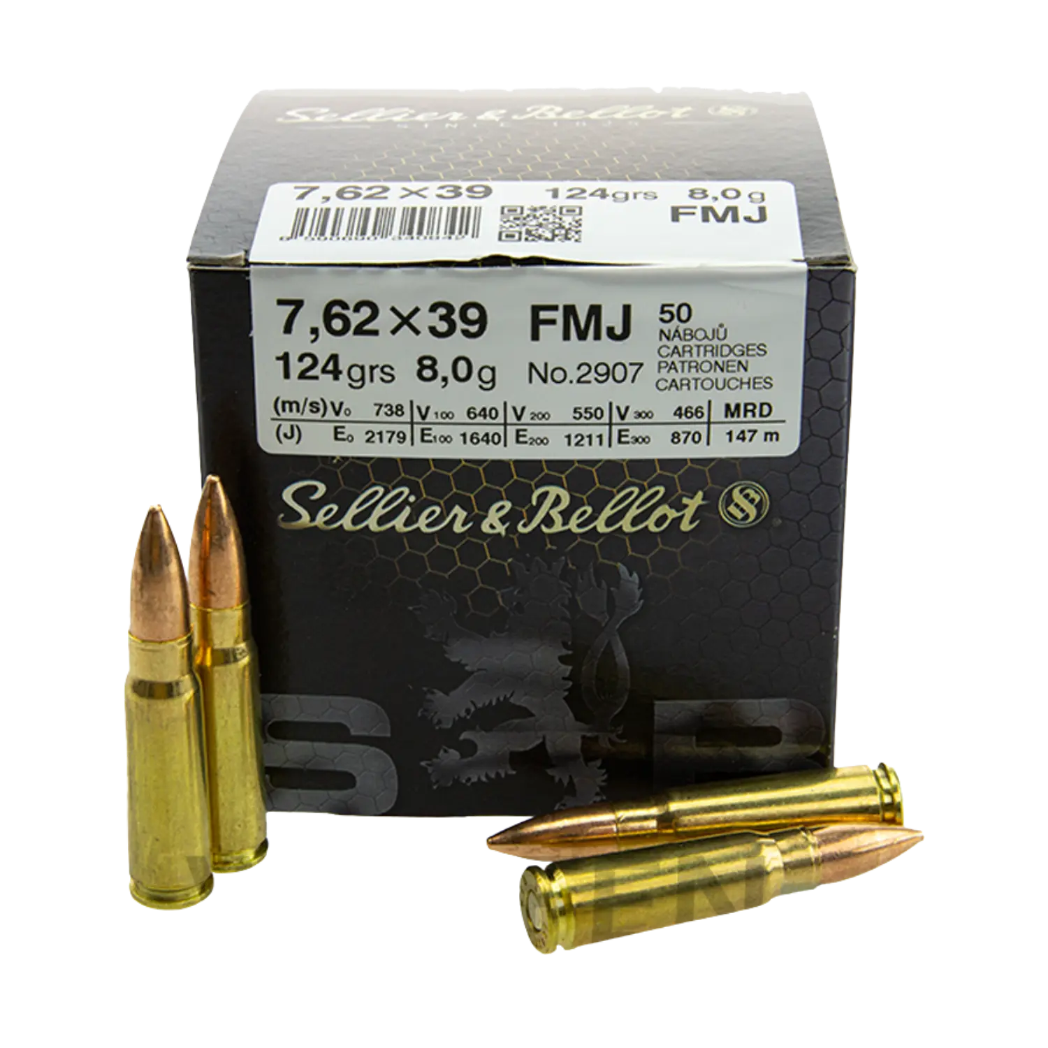 Schachtel mit Sellier & Bellot Patronen 7,62 × 39 mm FMJ, 124 grs, 8,0 g, daneben vier Patronen liegend und stehend.