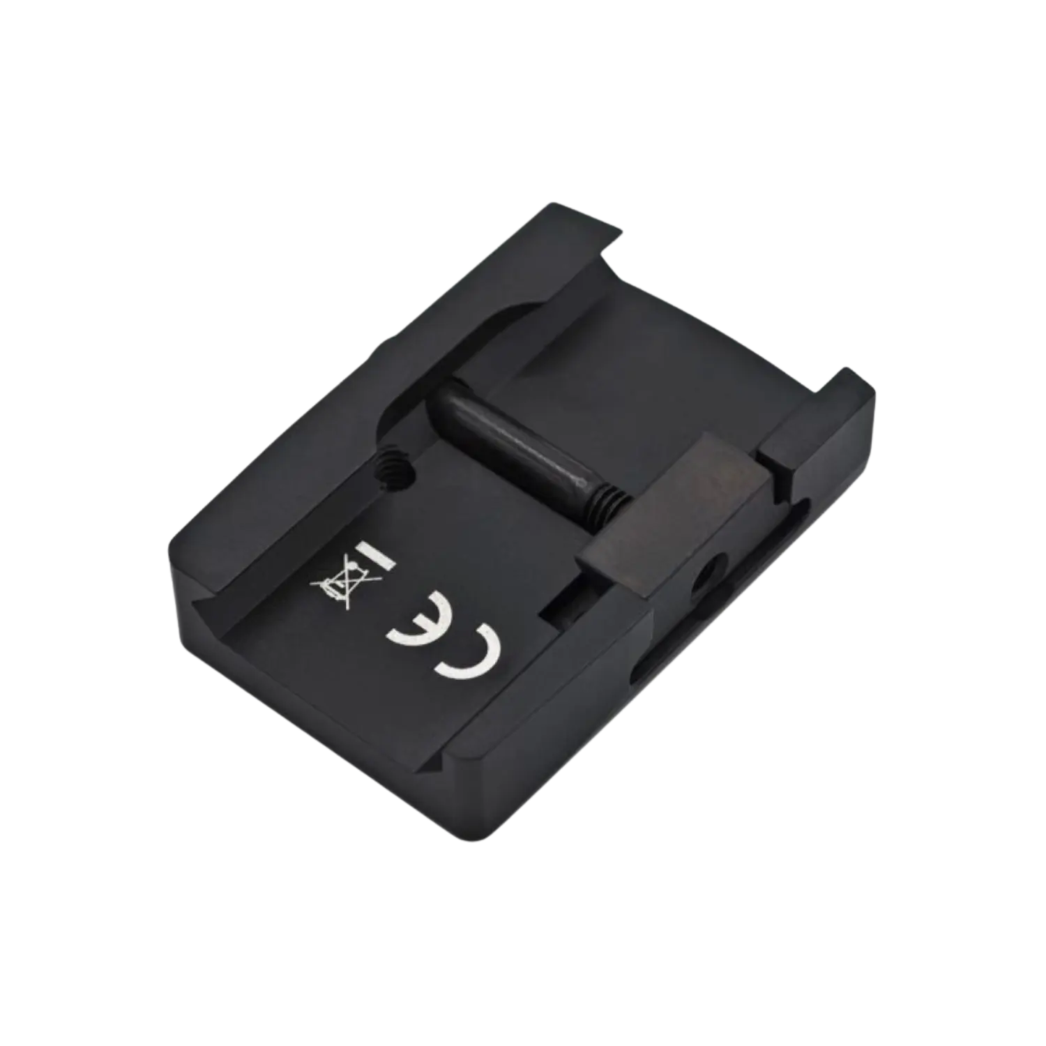 Schwarzes Kunststoffgehäuse mit Schraube und CE-Kennzeichnung, rechteckig mit Aussparungen an den Seiten.