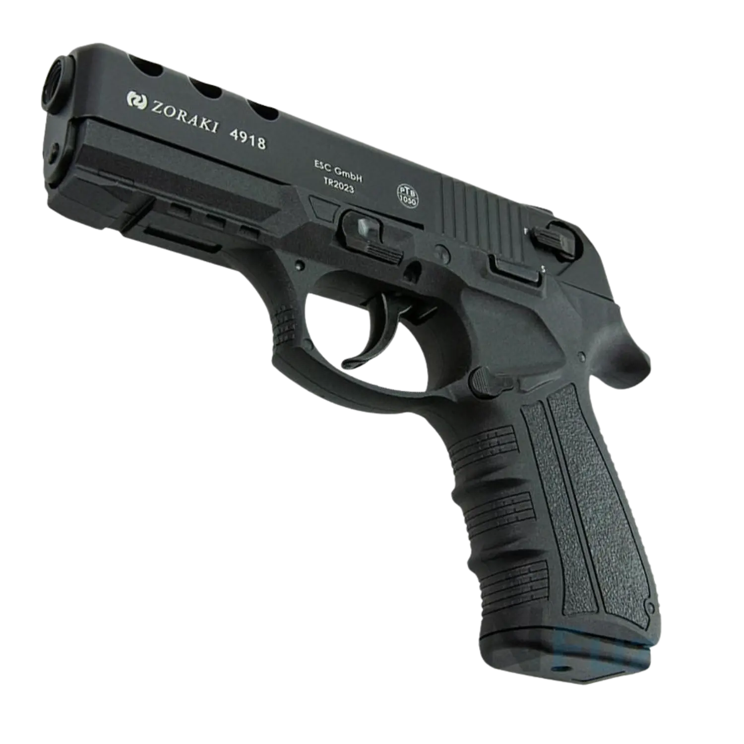 Zoraki 4918 Schreckschusspistole schwarz Kaliber 9mm P.A.K. Schreckschusswaffe Zoraki 4918, schwarze Farbe, halbautomatische Pistole mit Griffmuster und Abzug. Sichtbare Markierungen auf dem Schlitten.