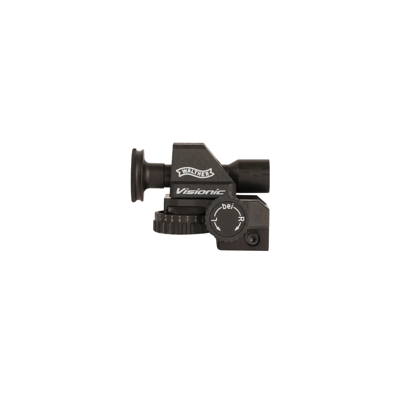 Schwarzes Walther Matchdiopter Visionsgerät mit Einstellrädern und Beschriftung.