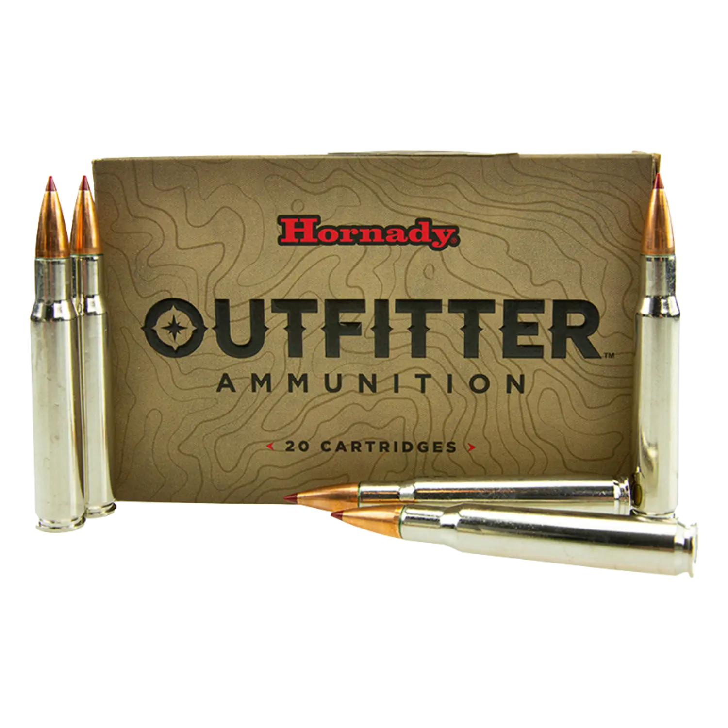 Eine Packung Hornady Outfitter Munition mit 20 Patronen, umgeben von vier Patronen. Die Packung zeigt eine topografische Karte im Hintergrund.