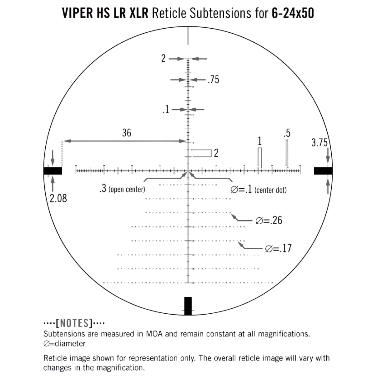 Retikeldiagramm für das Vortex Zielfernrohr Viper HS LR 6-24x50 XLR MOA FFP. Zeigt Subtensionen in MOA mit Maßstab und Zahlenangaben.