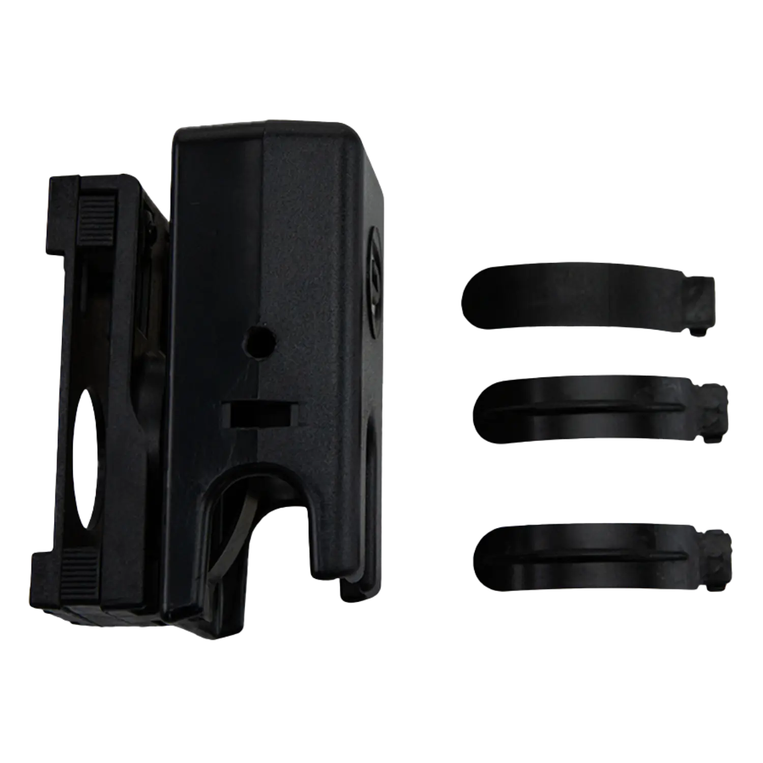 Ghost Magazinholster für Doppelreihige Magazine Schwarzes Holster mit rechteckiger Form und drei schwarzen Befestigungsbändern unterschiedlicher Länge daneben.