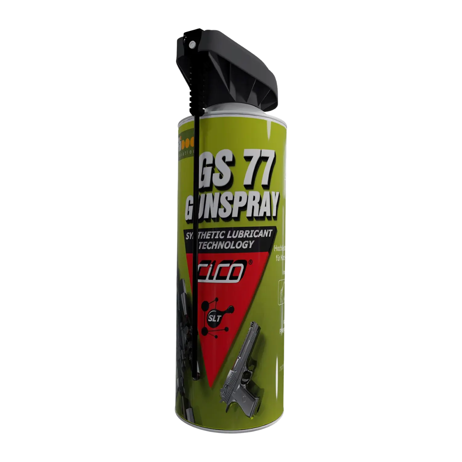 CICO® Gunspray GS 77 400ml Sprühdose Grün-gelbe Spraydose mit schwarzem Sprühkopf, Aufschrift 'GS 77 GUNSPRAY', 'Synthetic Lubricant Technology', Marke 'FICO', Abbildung einer Pistole