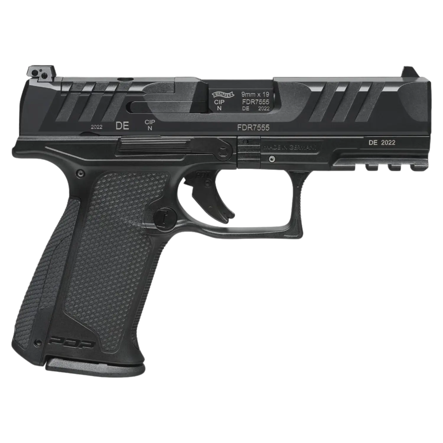 Walther PDP F-Series, 4 Zoll, 9mm, schwarze Pistole mit strukturiertem Griff, sichtbare Abzugsmechanik und Picatinny-Schiene.