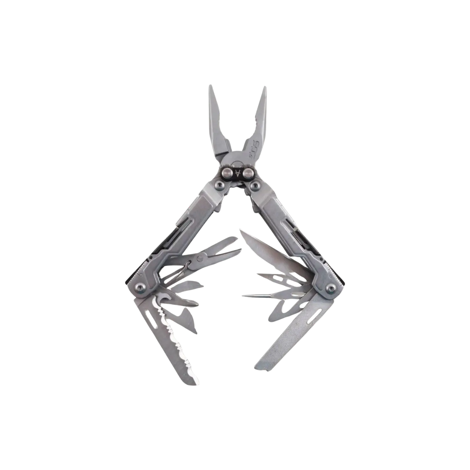 SOG PowerPint Multitool Multifunktionswerkzeug mit geöffneten Zangen, Messer, Feile und weiteren Werkzeugen aus Metall