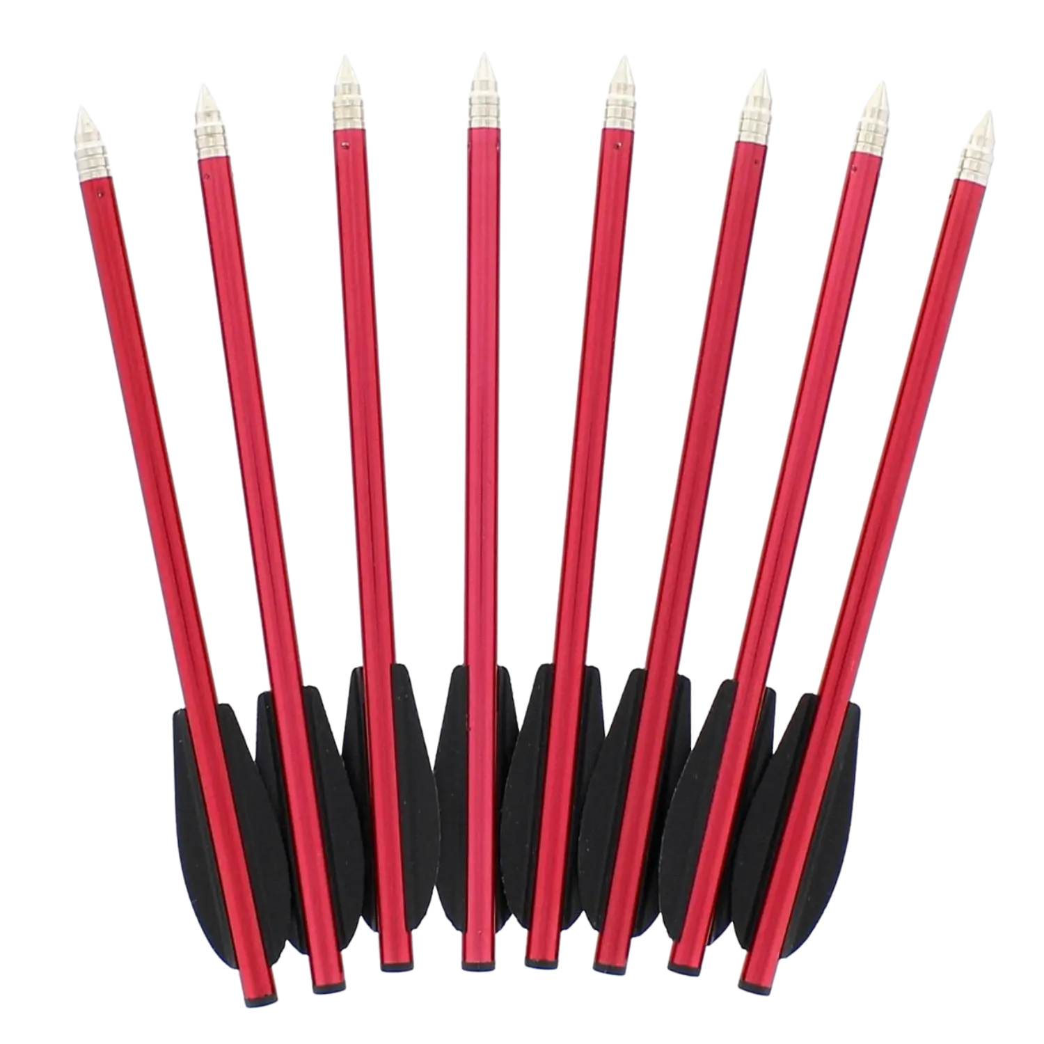 Acht rote Pfeile mit schwarzen Federn, spitze silberne Spitzen, nebeneinander stehend.