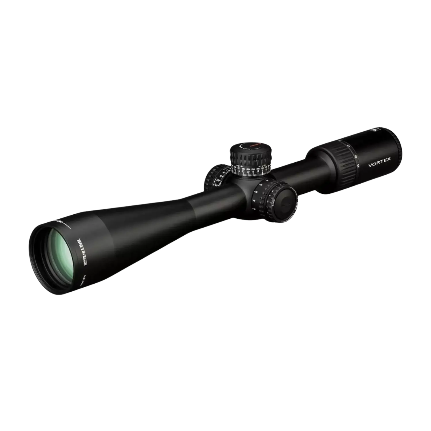 Vortex Zielfernrohr Viper PST Gen II 5-25x50 EBR-7C MOA FFP mit leistungsstarkem Zoom und präzisem Absehen. Seitliche Abbildung, Objetiv nach links zeigend
